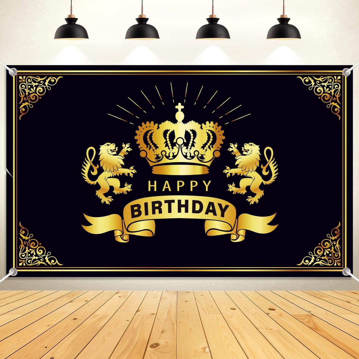 Golden Crown Birthday Backdrop - Black & Gold Party Decorations for Men - Photo Banner Photography Background - 71 x 43 Inches - Happy Birthday Theme
