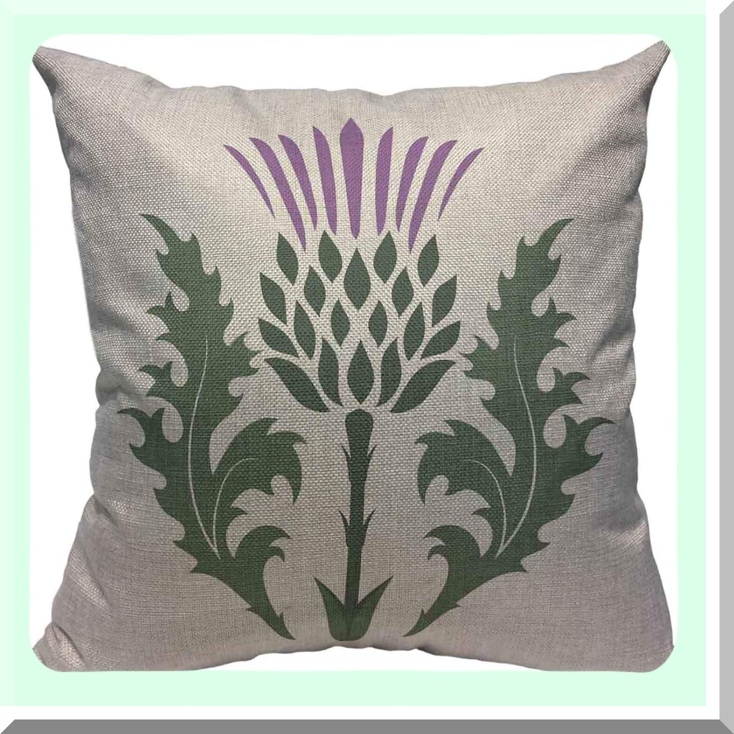 Green Thistle Blossom Cushion Cover - British Branch Decorative Pillowcase - 18x18 Inch Cotton Linen Square Pillow Cover - White Purple Onopordum Acanthium Design