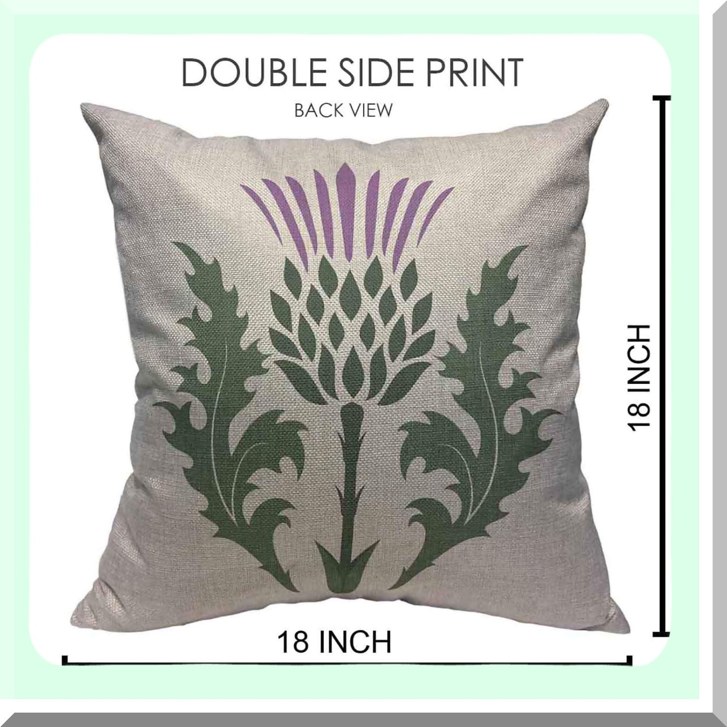 Green Thistle Blossom Cushion Cover - British Branch Decorative Pillowcase - 18x18 Inch Cotton Linen Square Pillow Cover - White Purple Onopordum Acanthium Design