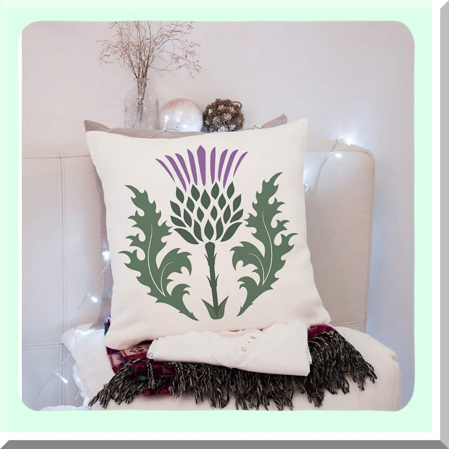 Green Thistle Blossom Cushion Cover - British Branch Decorative Pillowcase - 18x18 Inch Cotton Linen Square Pillow Cover - White Purple Onopordum Acanthium Design