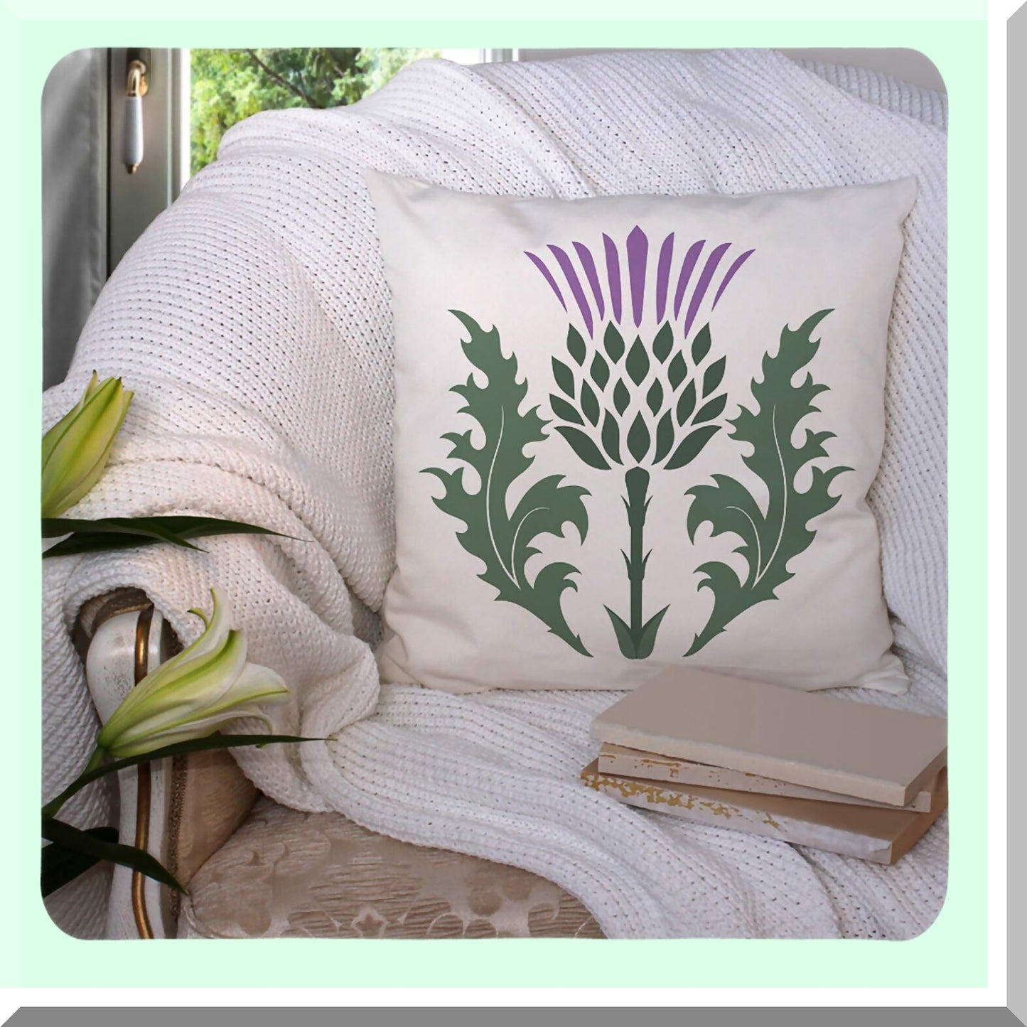 Green Thistle Blossom Cushion Cover - British Branch Decorative Pillowcase - 18x18 Inch Cotton Linen Square Pillow Cover - White Purple Onopordum Acanthium Design