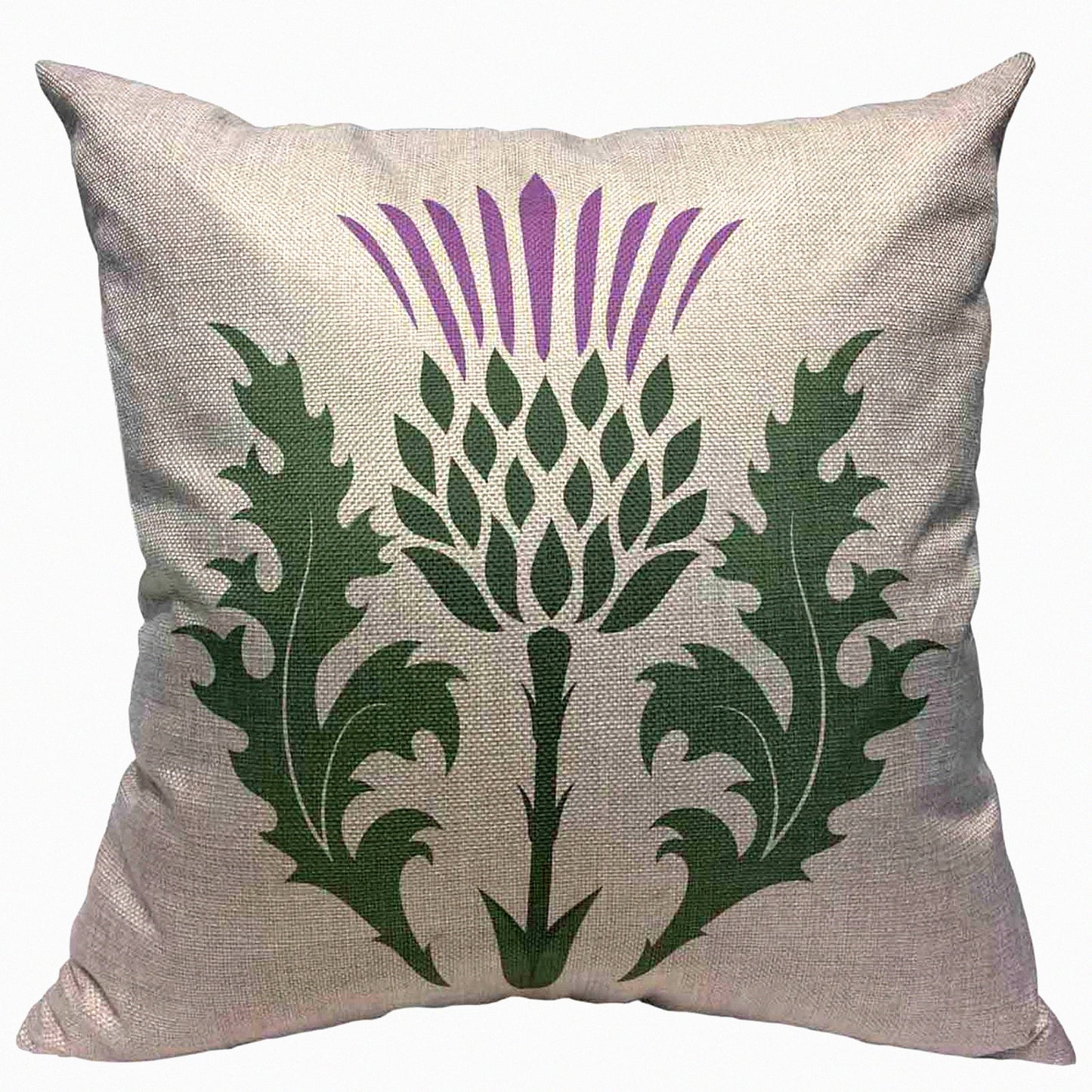 Green Thistle Blossom Cushion Cover - British Branch Decorative Pillowcase - 18x18 Inch Cotton Linen Square Pillow Cover - White Purple Onopordum Acanthium Design