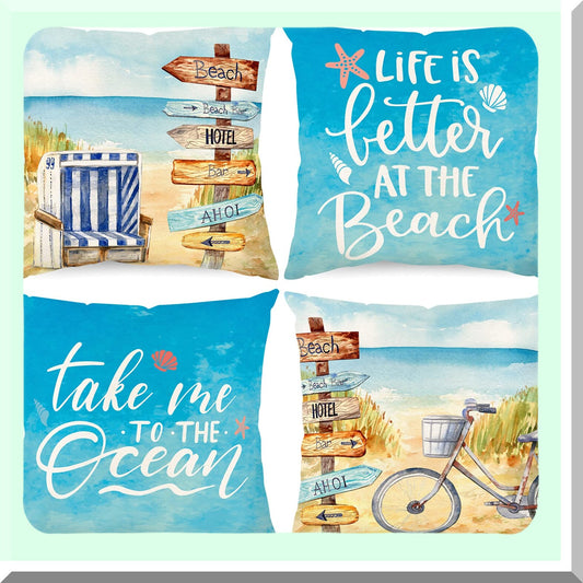 Tropical Ocean Breeze Pillow Cover - 18x18 Inch Linen Blue Throw Cushion Case for Indoor Outdoor Summer Decor - Beach House Sofa Bed Home Decoration