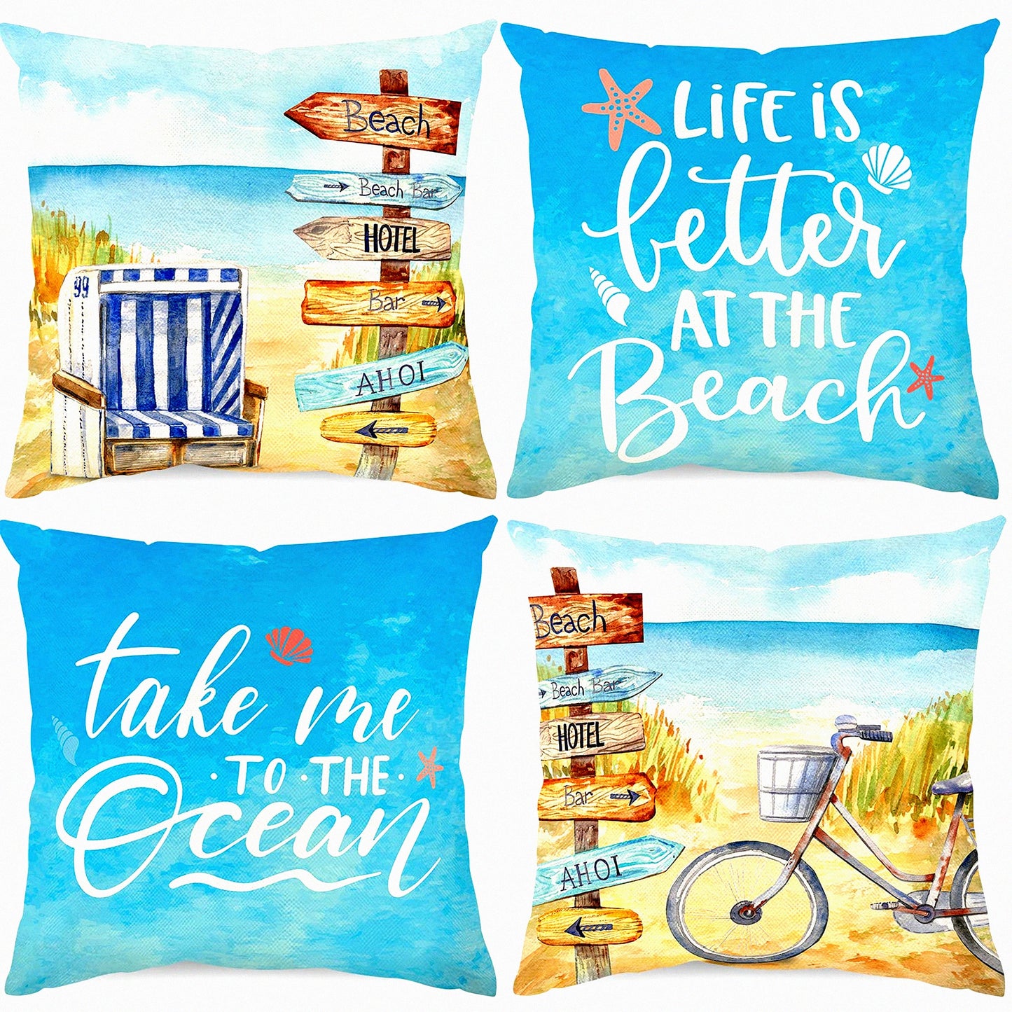 Tropical Ocean Breeze Pillow Cover - 18x18 Inch Linen Blue Throw Cushion Case for Indoor Outdoor Summer Decor - Beach House Sofa Bed Home Decoration