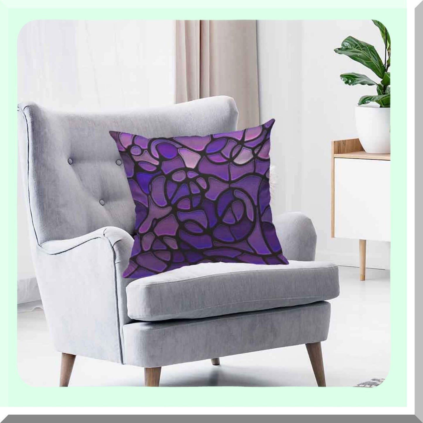Purple Abstract Mosaic Cotton Linen Throw Pillow - Stained Cushion Cover for Home Sofa Decor - 20 x 20 Inch
