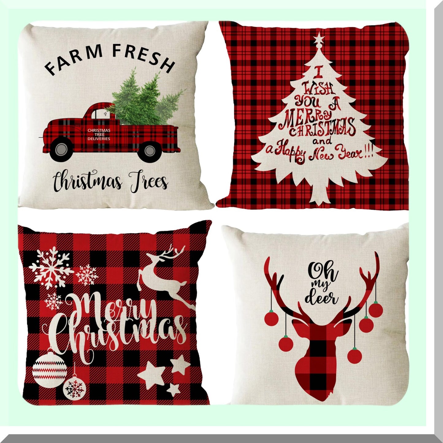 Holiday Xmas Decorative Pillow Cover Set - Merry Trees Red Truck Snowflakes Deer - Outdoor Indoor Square Linen Cushion Case - Sofa Couch Home Decor - 26x26 Inch - Pack of 4