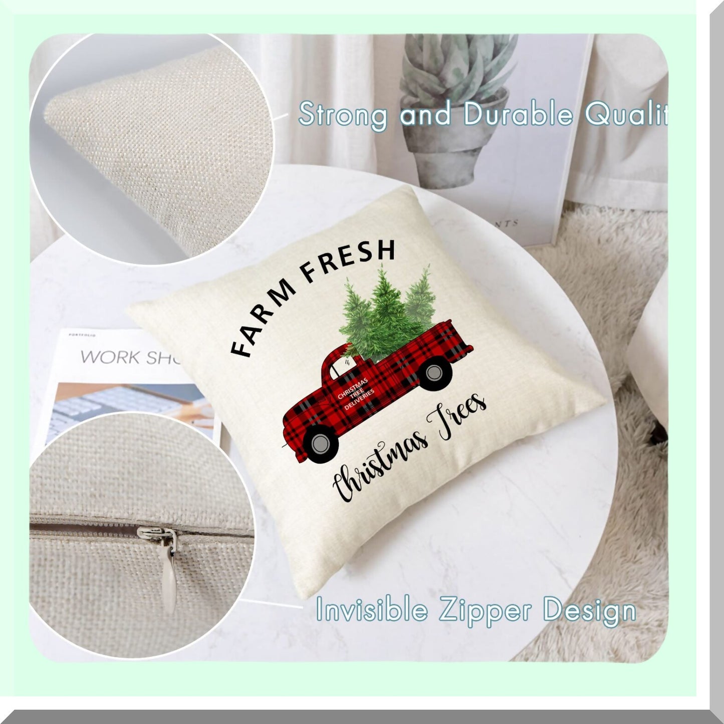 Holiday Xmas Decorative Pillow Cover Set - Merry Trees Red Truck Snowflakes Deer - Outdoor Indoor Square Linen Cushion Case - Sofa Couch Home Decor - 26x26 Inch - Pack of 4