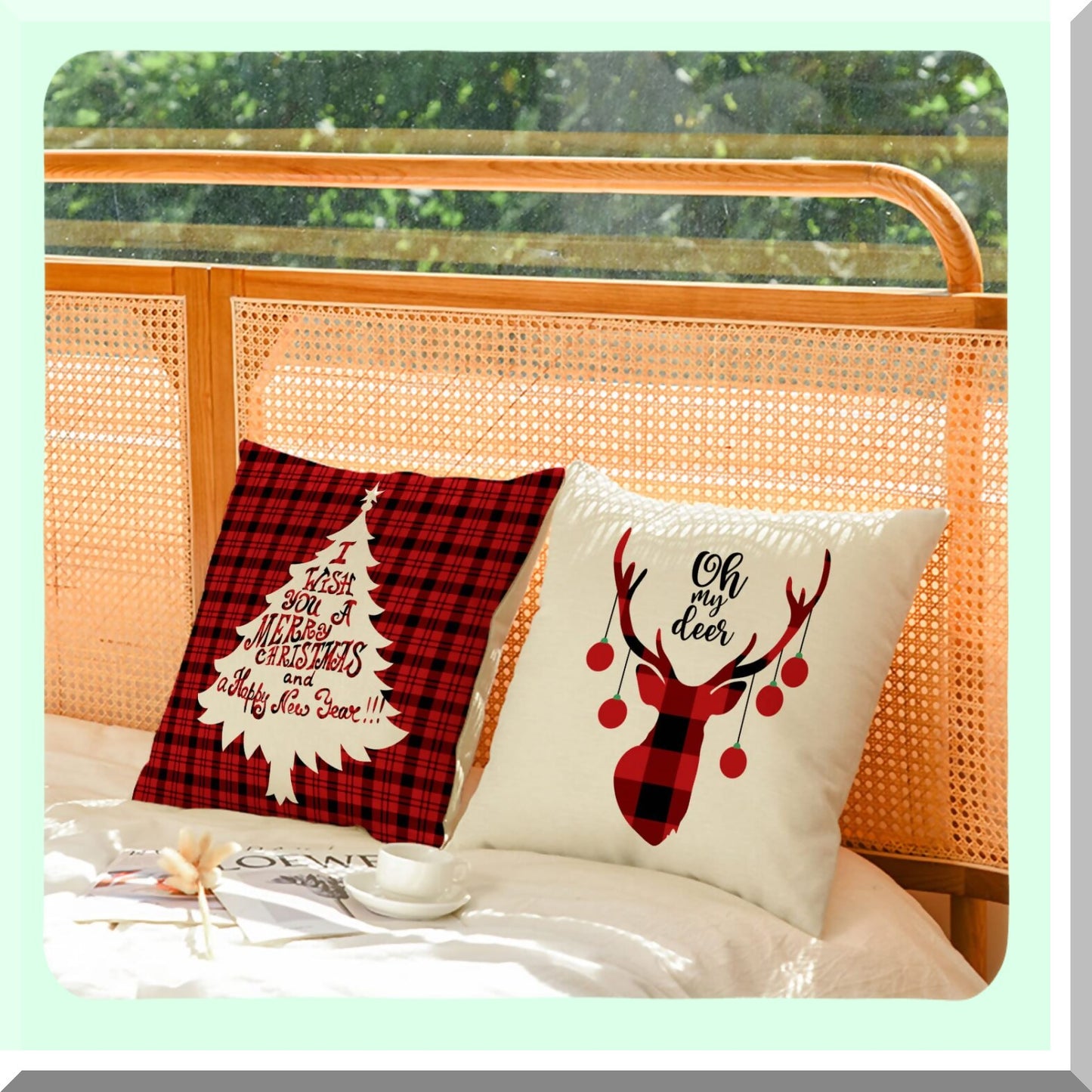 Holiday Xmas Decorative Pillow Cover Set - Merry Trees Red Truck Snowflakes Deer - Outdoor Indoor Square Linen Cushion Case - Sofa Couch Home Decor - 26x26 Inch - Pack of 4