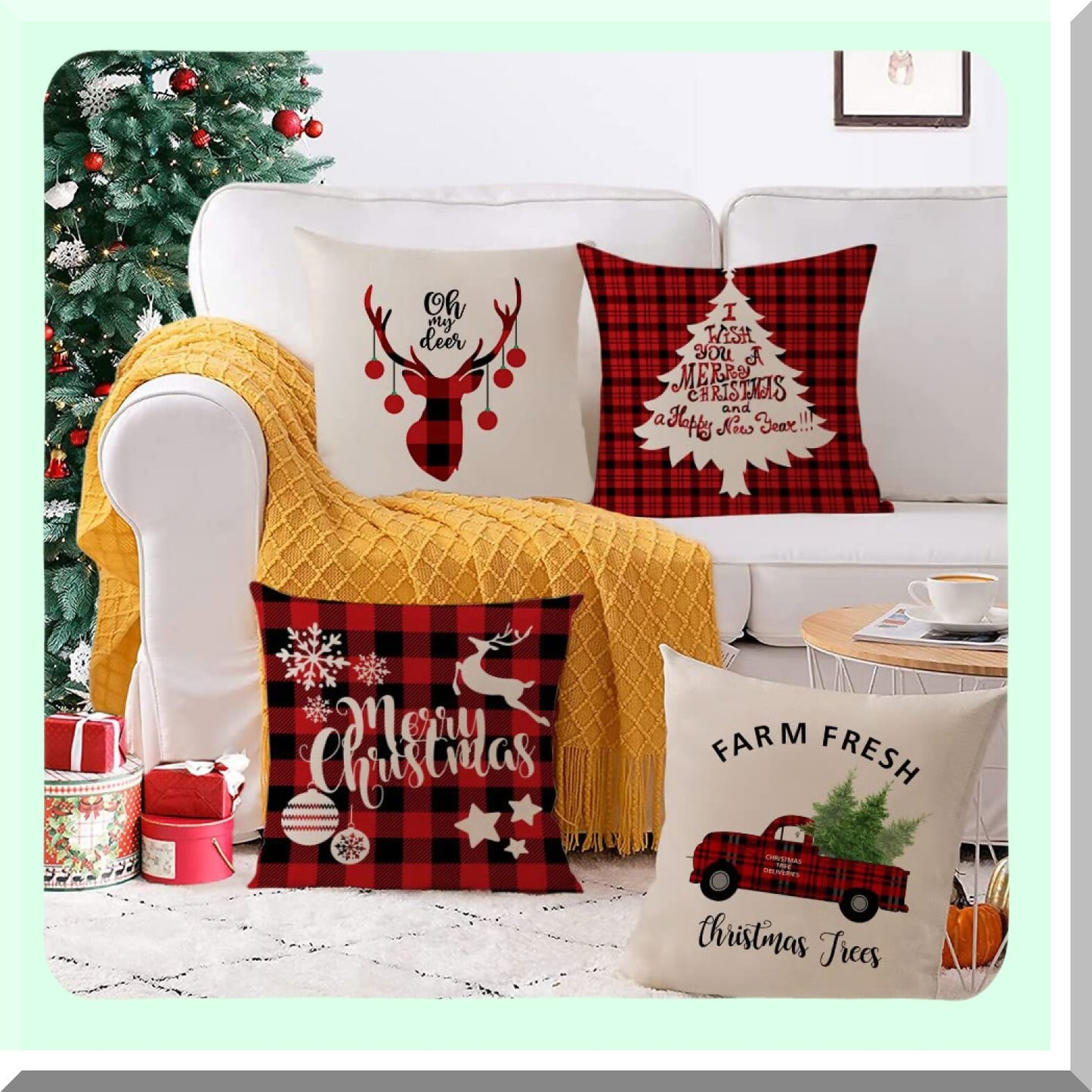 Holiday Xmas Decorative Pillow Cover Set - Merry Trees Red Truck Snowflakes Deer - Outdoor Indoor Square Linen Cushion Case - Sofa Couch Home Decor - 26x26 Inch - Pack of 4