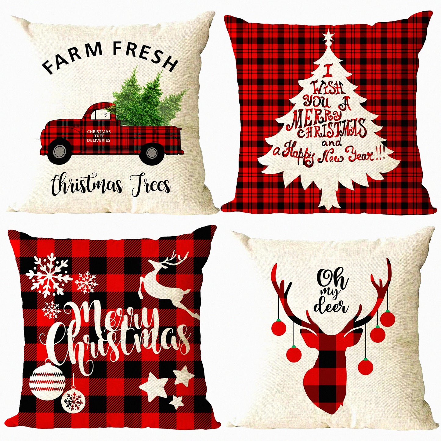 Holiday Xmas Decorative Pillow Cover Set - Merry Trees Red Truck Snowflakes Deer - Outdoor Indoor Square Linen Cushion Case - Sofa Couch Home Decor - 26x26 Inch - Pack of 4