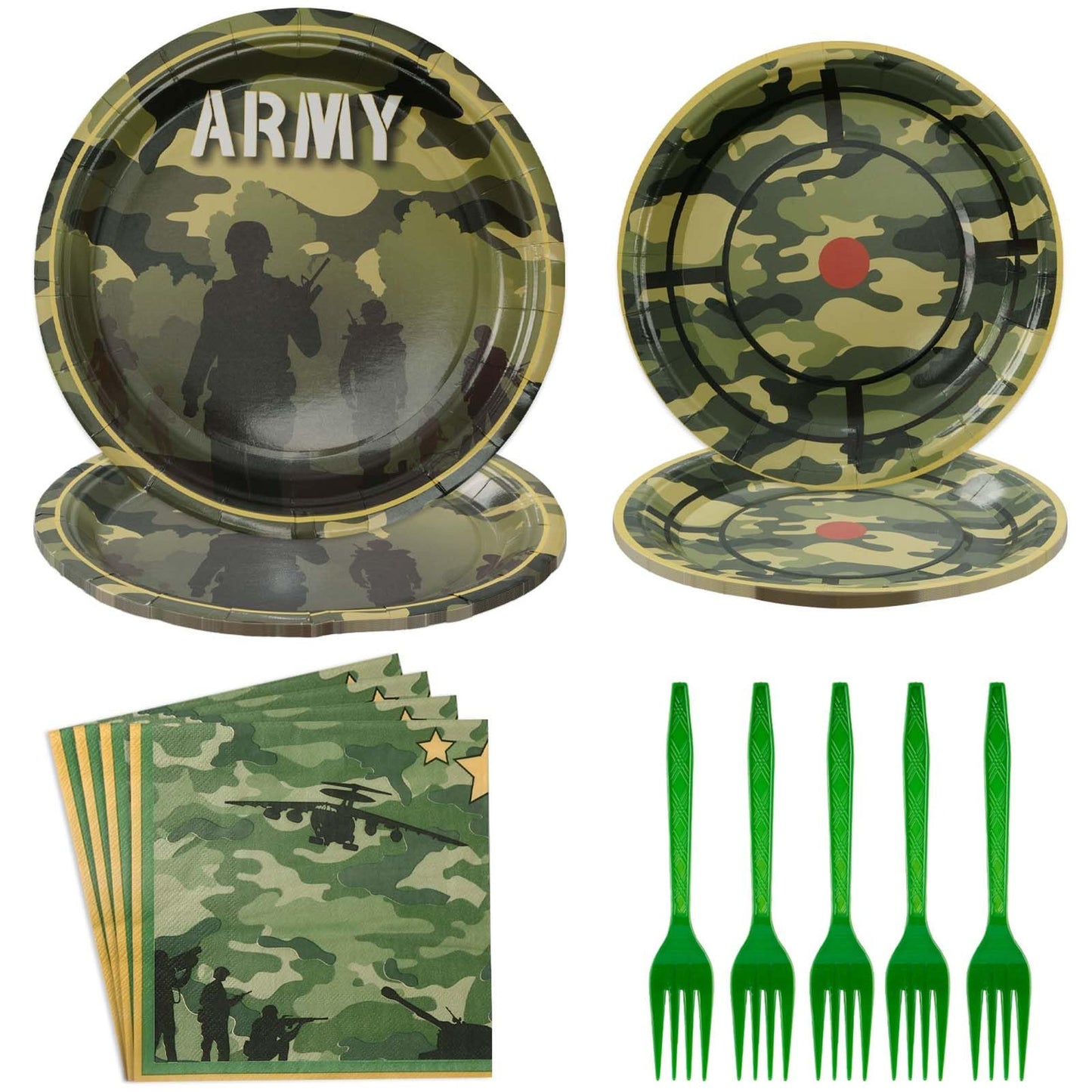 Camouflage Commando Party Pack - 96pc Army Birthday Supplies Set for Military Soldier Camo Theme, Serves 24 with Plates, Napkins, Forks & Decor
