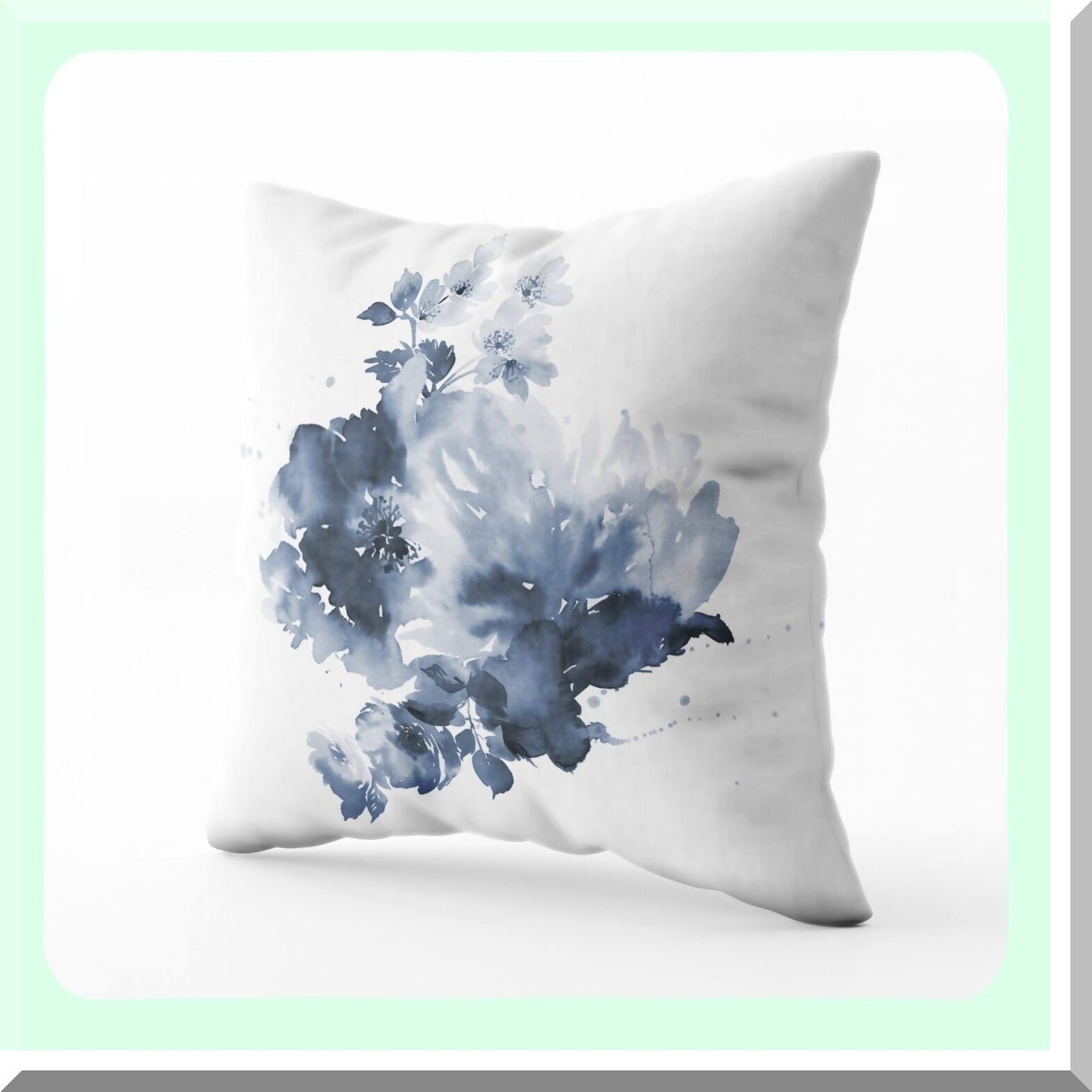 Watercolor Bloom Pillow Cover - Cotton Throw Cushion Case for Sofa Bed Decor - Invisible Zipper Square Pillowcase - Bouquet Spring Floral Design - White Gray Home Accent