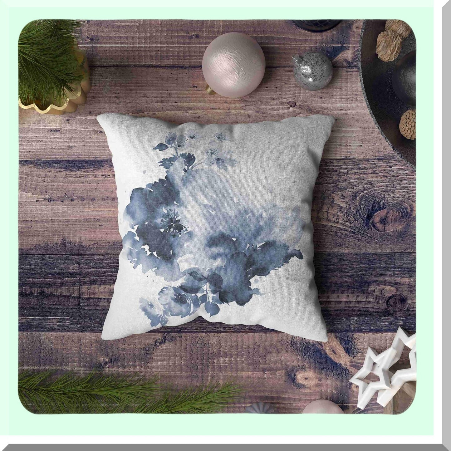 Watercolor Bloom Pillow Cover - Cotton Throw Cushion Case for Sofa Bed Decor - Invisible Zipper Square Pillowcase - Bouquet Spring Floral Design - White Gray Home Accent