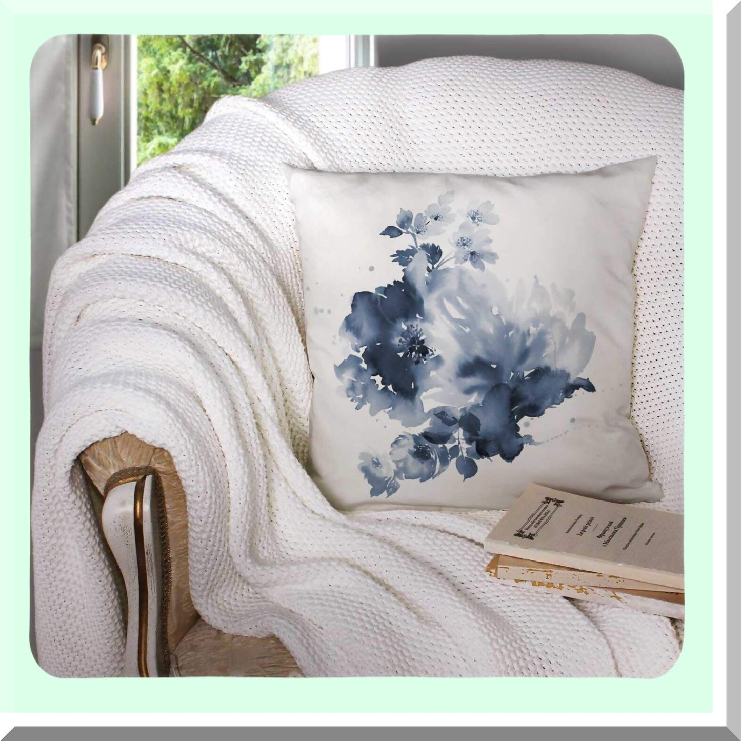 Watercolor Bloom Pillow Cover - Cotton Throw Cushion Case for Sofa Bed Decor - Invisible Zipper Square Pillowcase - Bouquet Spring Floral Design - White Gray Home Accent