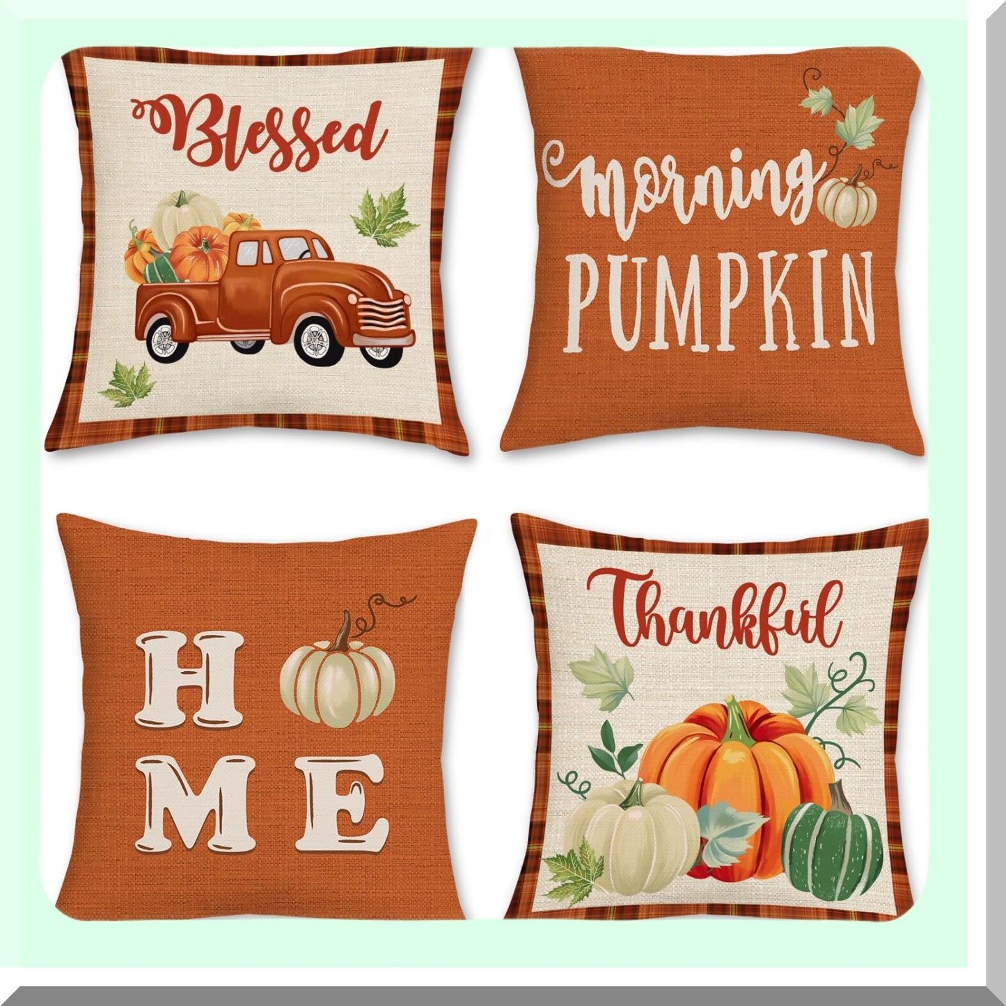 Autumn Harvest Pumpkin Truck Pillow Covers - Set of 4, Fall Decorative Cushion Cases for Couch Sofa, 18 x 18 Inch Orange Polyester Linen Pillows