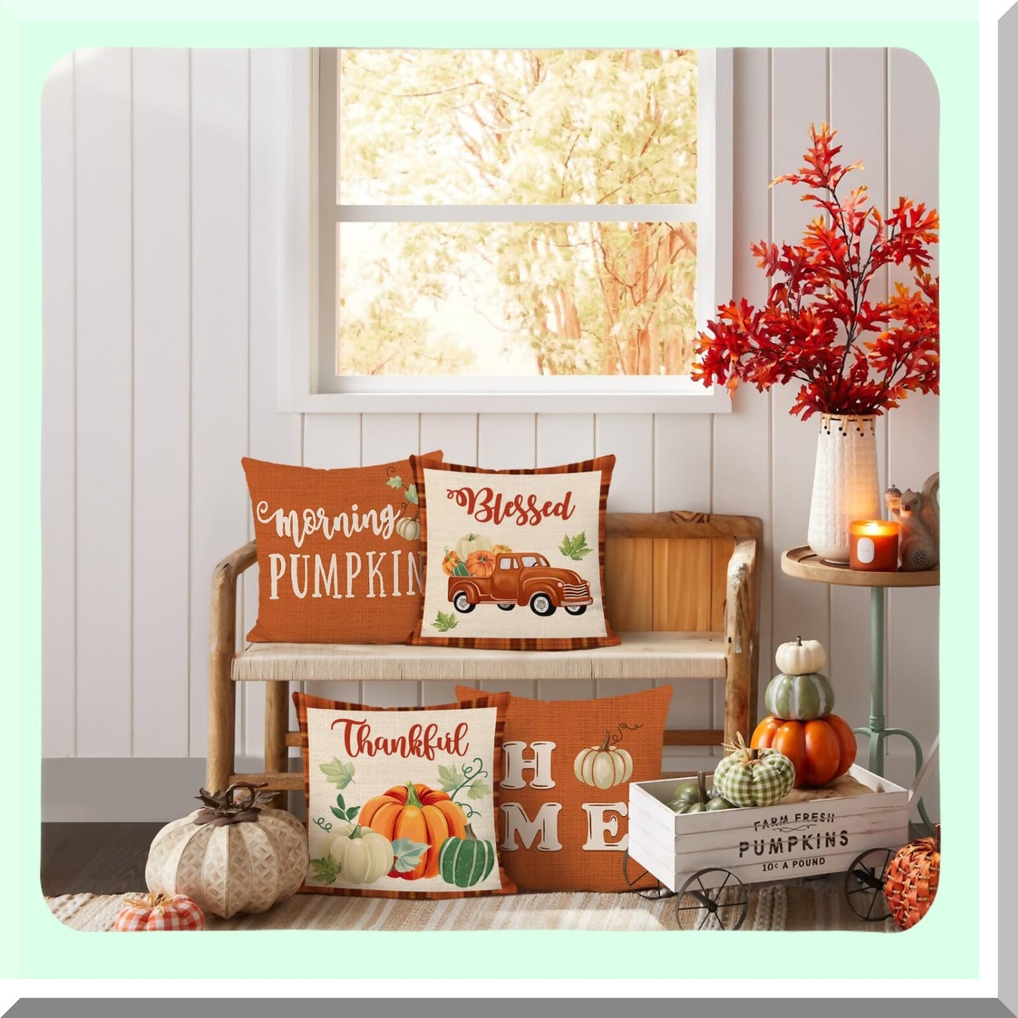 Autumn Harvest Pumpkin Truck Pillow Covers - Set of 4, Fall Decorative Cushion Cases for Couch Sofa, 18 x 18 Inch Orange Polyester Linen Pillows