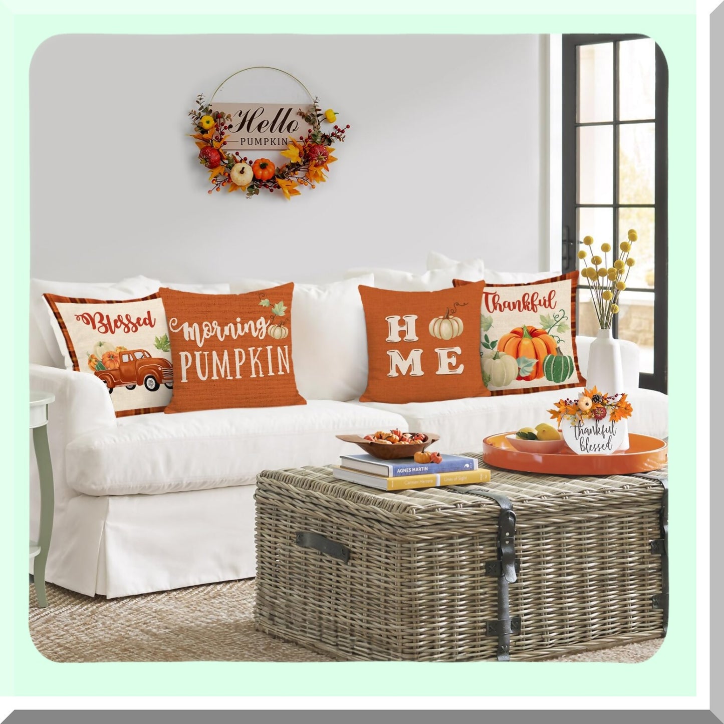 Autumn Harvest Pumpkin Truck Pillow Covers - Set of 4, Fall Decorative Cushion Cases for Couch Sofa, 18 x 18 Inch Orange Polyester Linen Pillows
