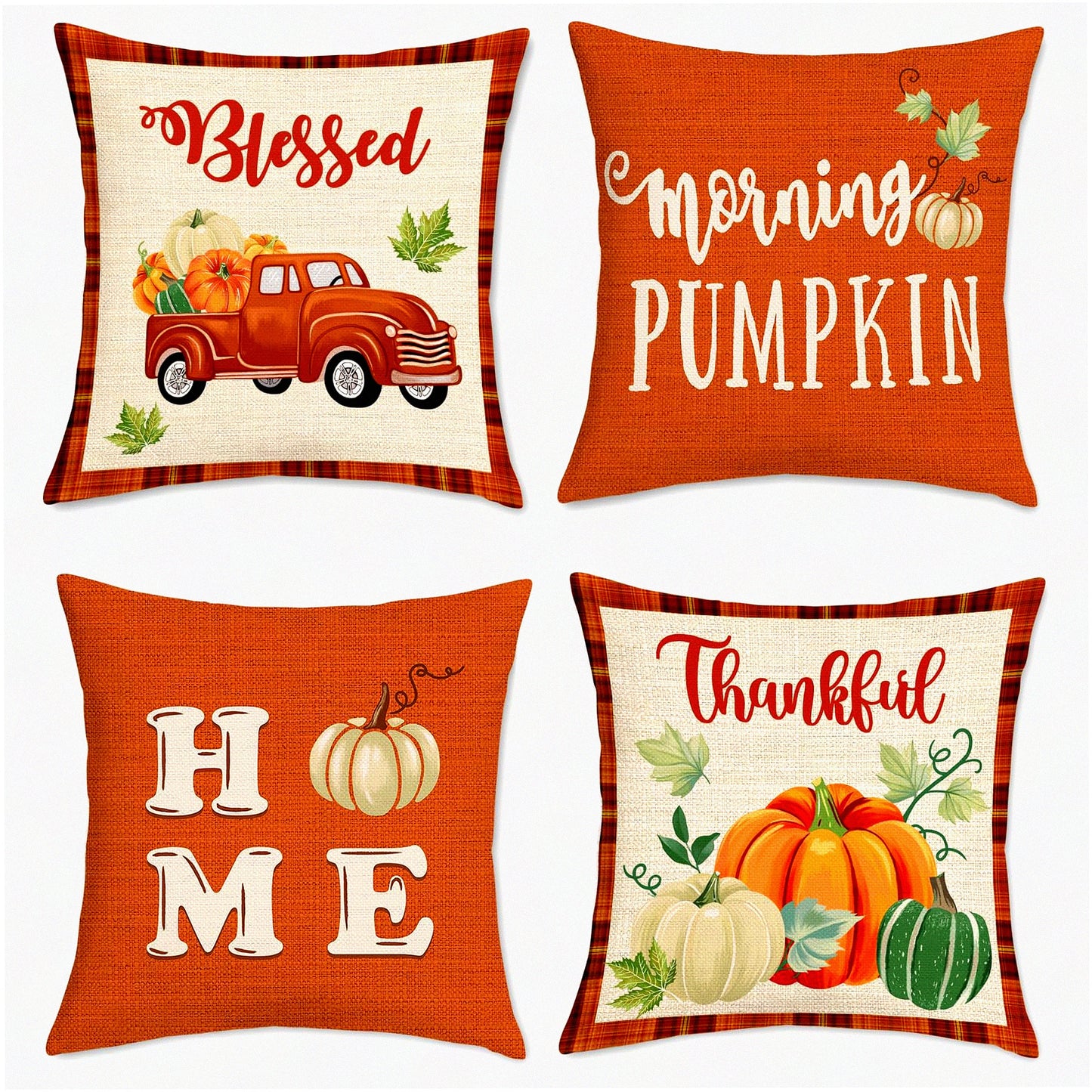 Autumn Harvest Pumpkin Truck Pillow Covers - Set of 4, Fall Decorative Cushion Cases for Couch Sofa, 18 x 18 Inch Orange Polyester Linen Pillows