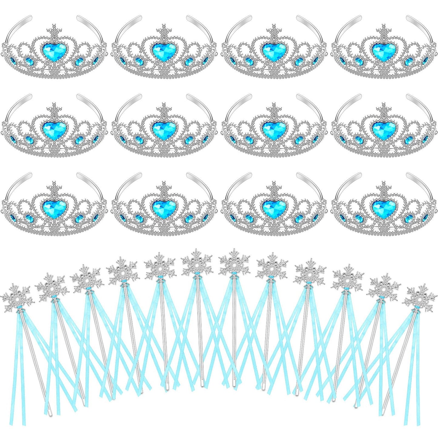 Snowflake Crown & Wand Set - Silver Plated Plastic Tiara with Blue Snowflake Design - Winter Princess Costume Accessories (24 Pieces)