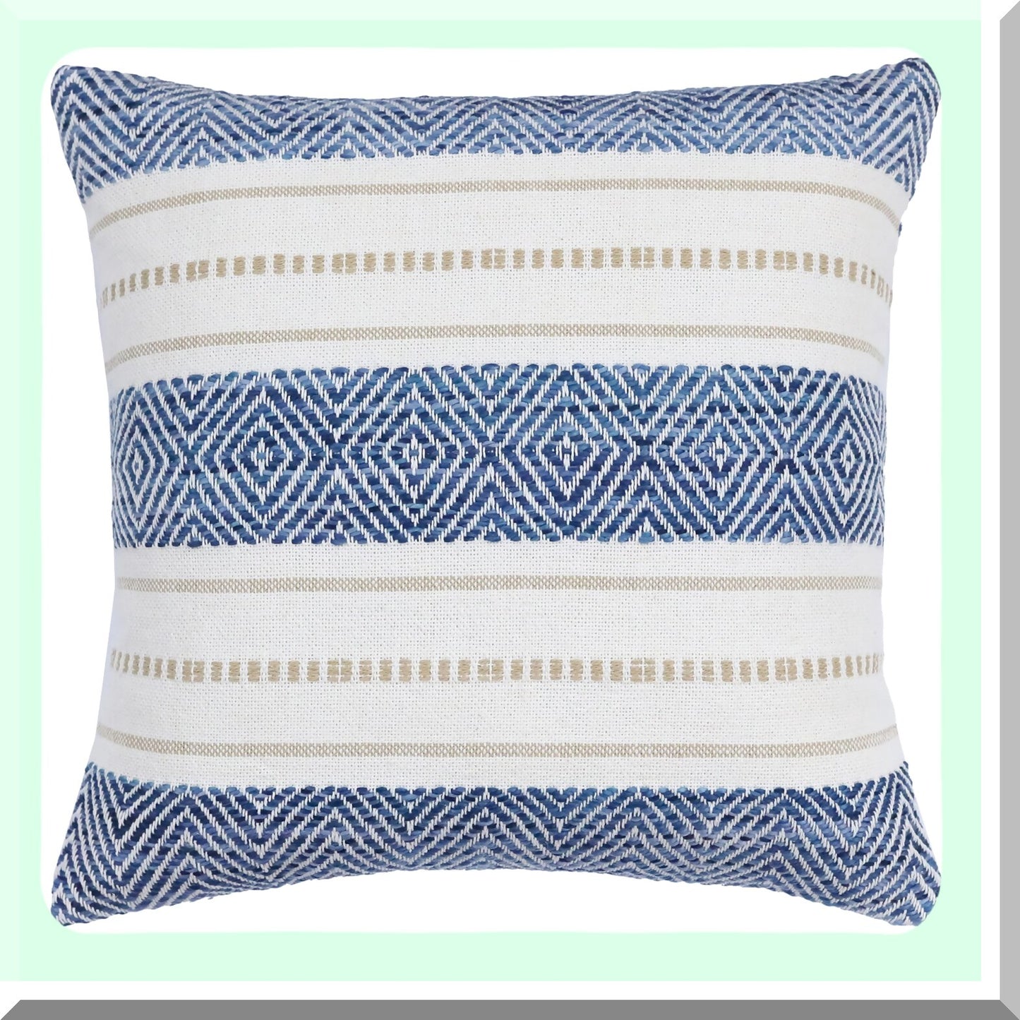 Luxury Boho Chic Throw Pillow Covers - Set of 2, Handwoven 20x20 Inch Decorative Cushion Cases in Blue, Beige, and White. Soft, Fashionable, Cozy Feel.