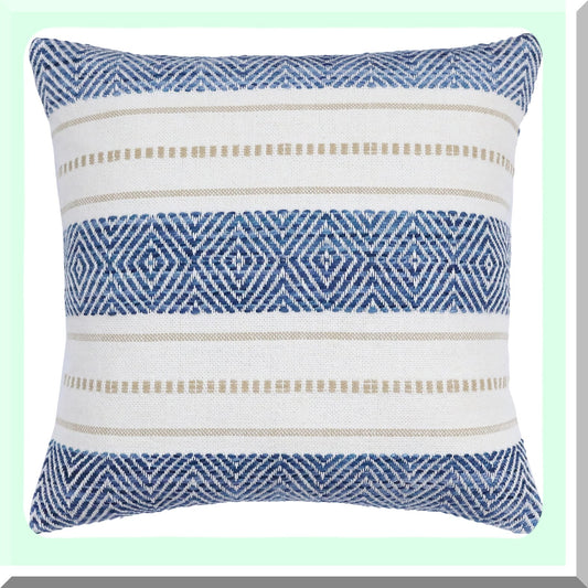 Luxury Boho Chic Throw Pillow Covers - Set of 2, Handwoven 20x20 Inch Decorative Cushion Cases in Blue, Beige, and White. Soft, Fashionable, Cozy Feel.