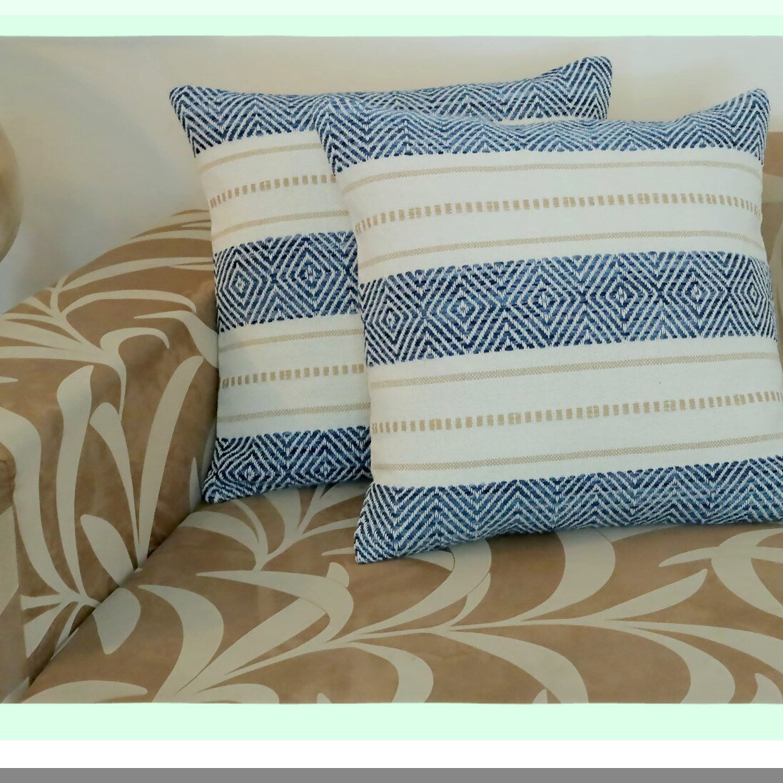 Luxury Boho Chic Throw Pillow Covers - Set of 2, Handwoven 20x20 Inch Decorative Cushion Cases in Blue, Beige, and White. Soft, Fashionable, Cozy Feel.