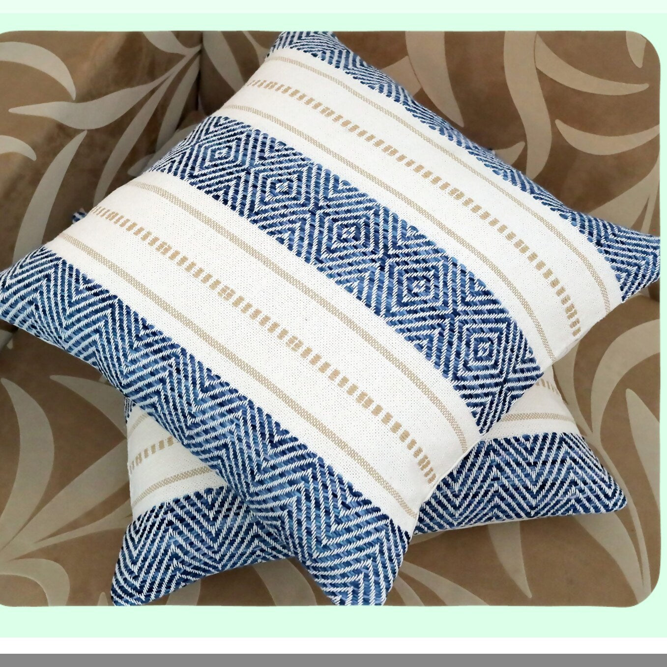 Luxury Boho Chic Throw Pillow Covers - Set of 2, Handwoven 20x20 Inch Decorative Cushion Cases in Blue, Beige, and White. Soft, Fashionable, Cozy Feel.