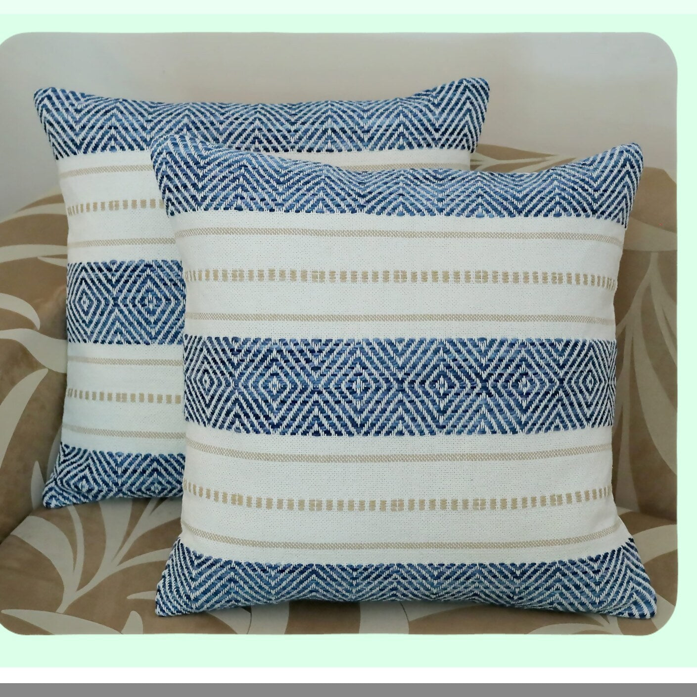 Luxury Boho Chic Throw Pillow Covers - Set of 2, Handwoven 20x20 Inch Decorative Cushion Cases in Blue, Beige, and White. Soft, Fashionable, Cozy Feel.