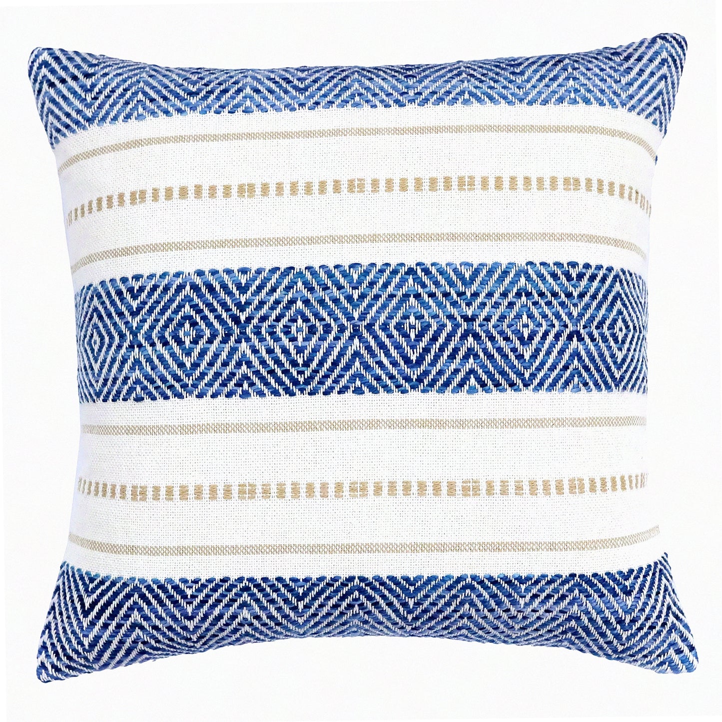 Luxury Boho Chic Throw Pillow Covers - Set of 2, Handwoven 20x20 Inch Decorative Cushion Cases in Blue, Beige, and White. Soft, Fashionable, Cozy Feel.