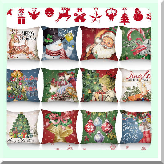 Vintage Holiday Snowman Deer Pillow Covers Set - Traditional Victorian Style Snowflake Candy Cane Decorations for Living Room Couch - 12pcs 18" x 18"