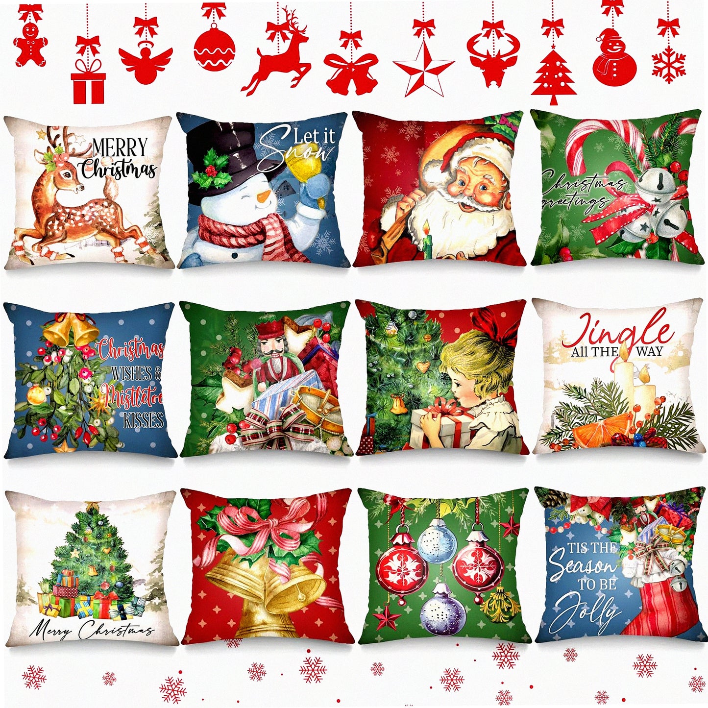 Vintage Holiday Snowman Deer Pillow Covers Set - Traditional Victorian Style Snowflake Candy Cane Decorations for Living Room Couch - 12pcs 18" x 18"