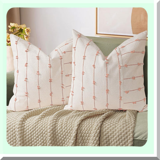 Boho Farmhouse Linen Throw Pillow Covers - Set of 2, Tufted Stripe Cushion Cover for Bed Sofa Couch - Modern Textured Decorative Case in Pink