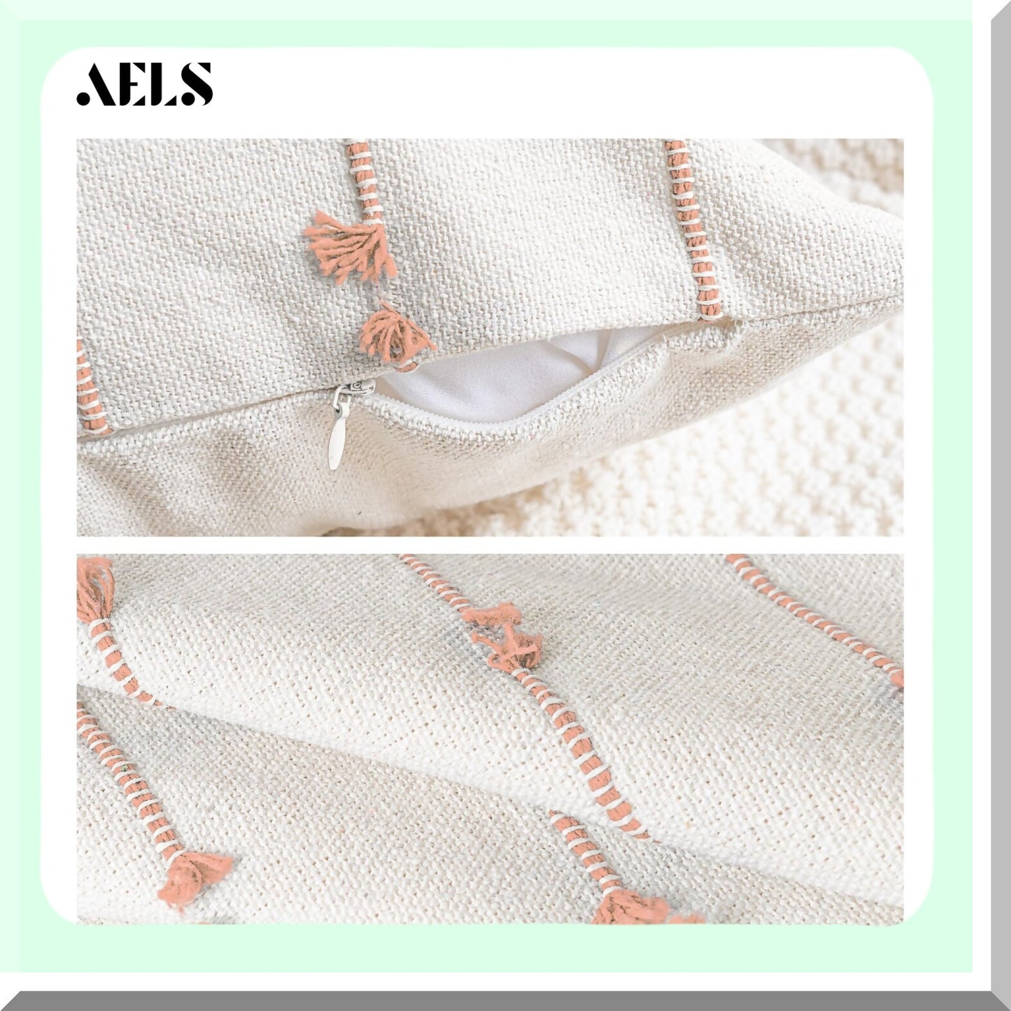 Boho Farmhouse Linen Throw Pillow Covers - Set of 2, Tufted Stripe Cushion Cover for Bed Sofa Couch - Modern Textured Decorative Case in Pink