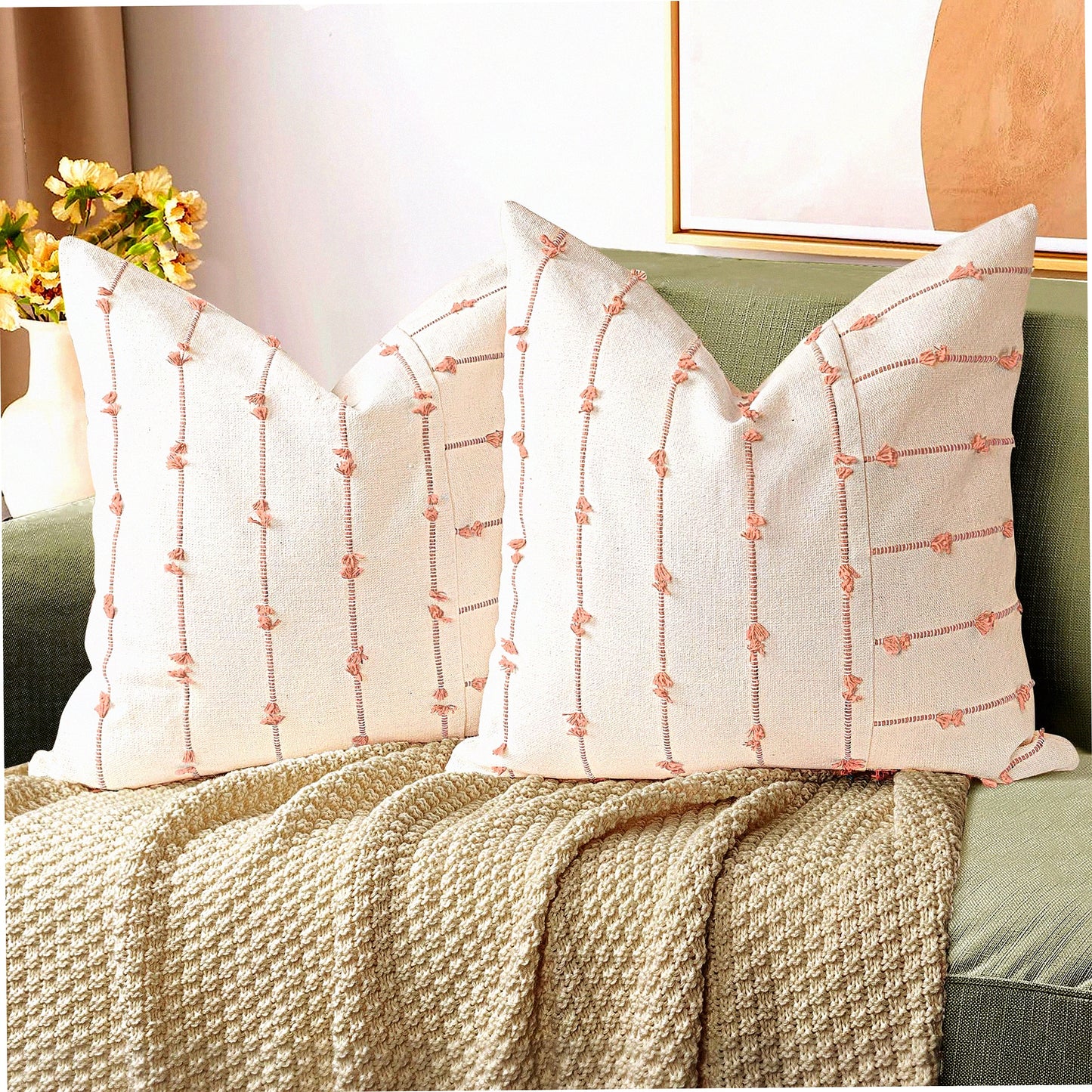 Boho Farmhouse Linen Throw Pillow Covers - Set of 2, Tufted Stripe Cushion Cover for Bed Sofa Couch - Modern Textured Decorative Case in Pink