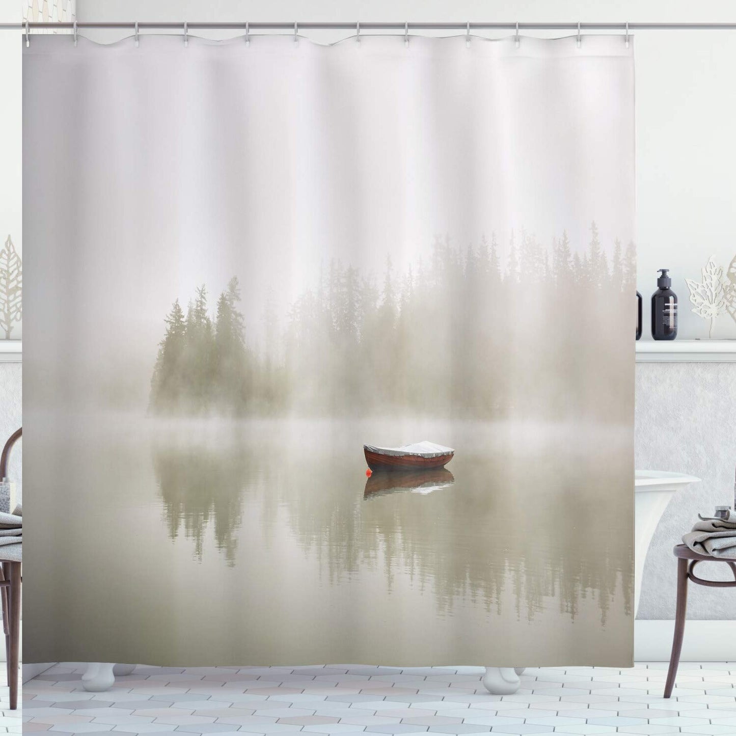 Landscape Shower Curtain Boat Lake Trees Water Nature 69x75