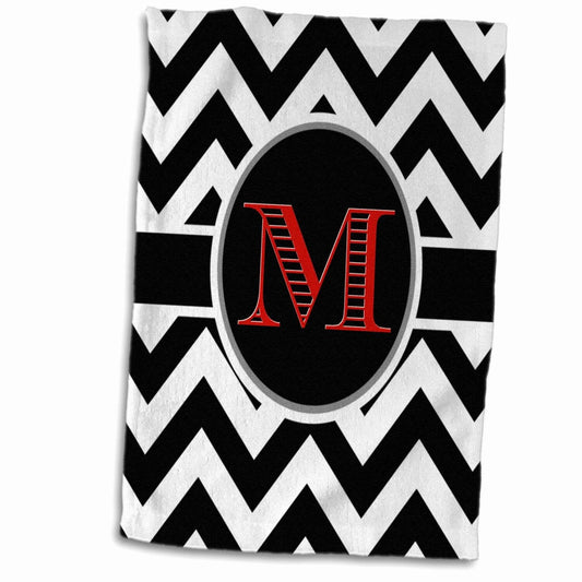 3D Rose Black & White Chevron Monogram Hand Towel 15"x22"