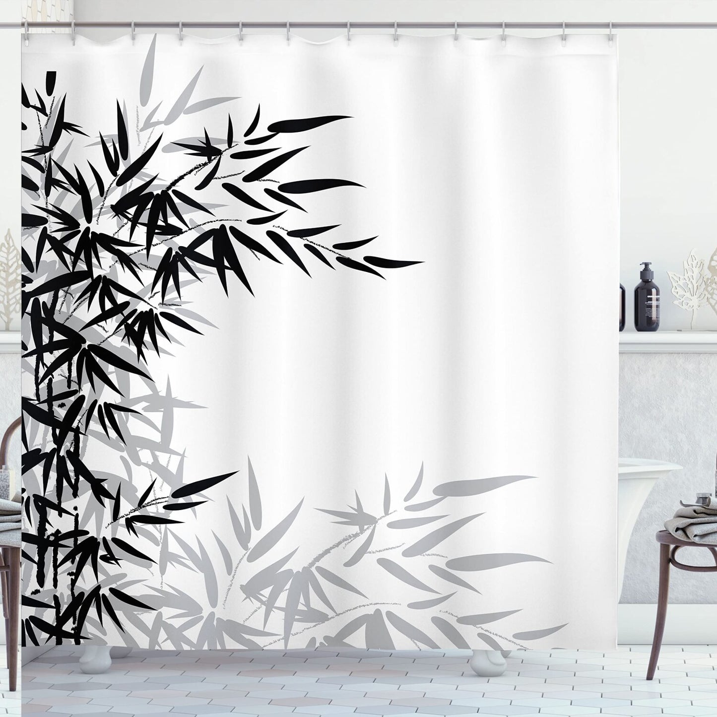 Asian Themed Shower Curtain 69x75 Black White Cloth