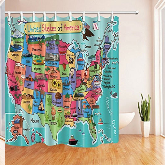 Kids US Map Bath Curtain 69x70in Polyester Waterproof