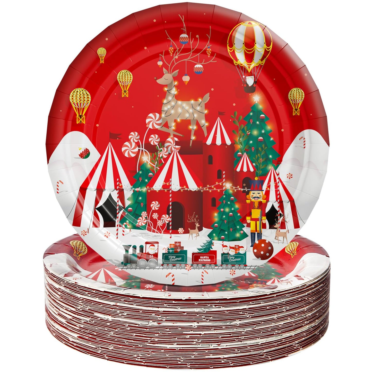 50 Pack Red Reindeer Castle Party Plates for Xmas Holiday