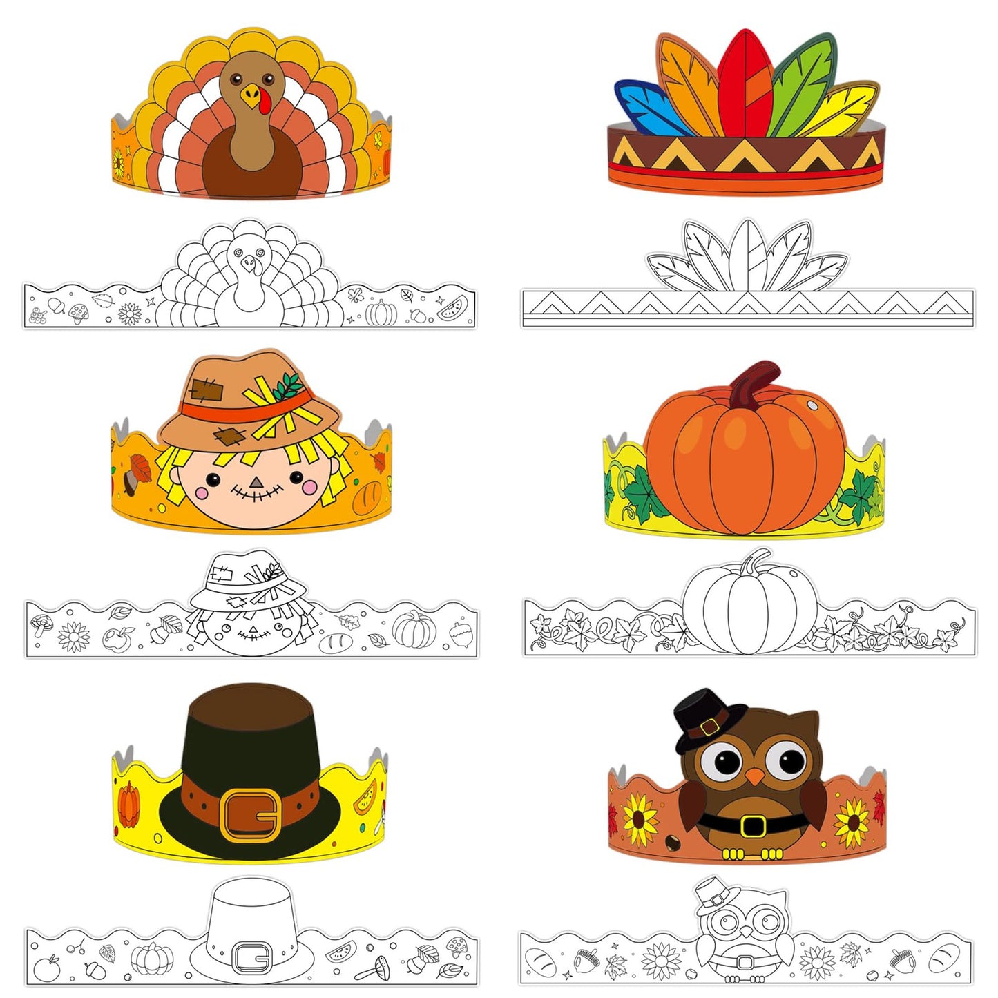 Thanksgiving Fun Hats - 24pcs Adjustable Turkey & Pumpkin Paper Crowns for Kids & Adults. Perfect for Fall Party Decorations & Supplies!