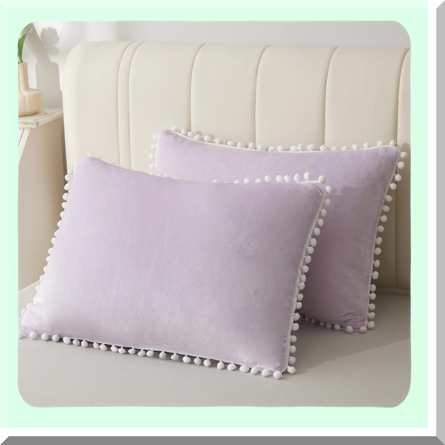 Lavender Velvet Fringe Pillowcase Set - Soft Pom Pom Decorative Throw Shams for Girls, Teens, Women - Zippered Bed Pillow Covers - Standard Size