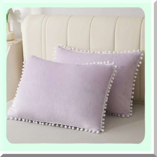 Lavender Velvet Fringe Pillowcase Set - Soft Pom Pom Decorative Throw Shams for Girls, Teens, Women - Zippered Bed Pillow Covers - Standard Size