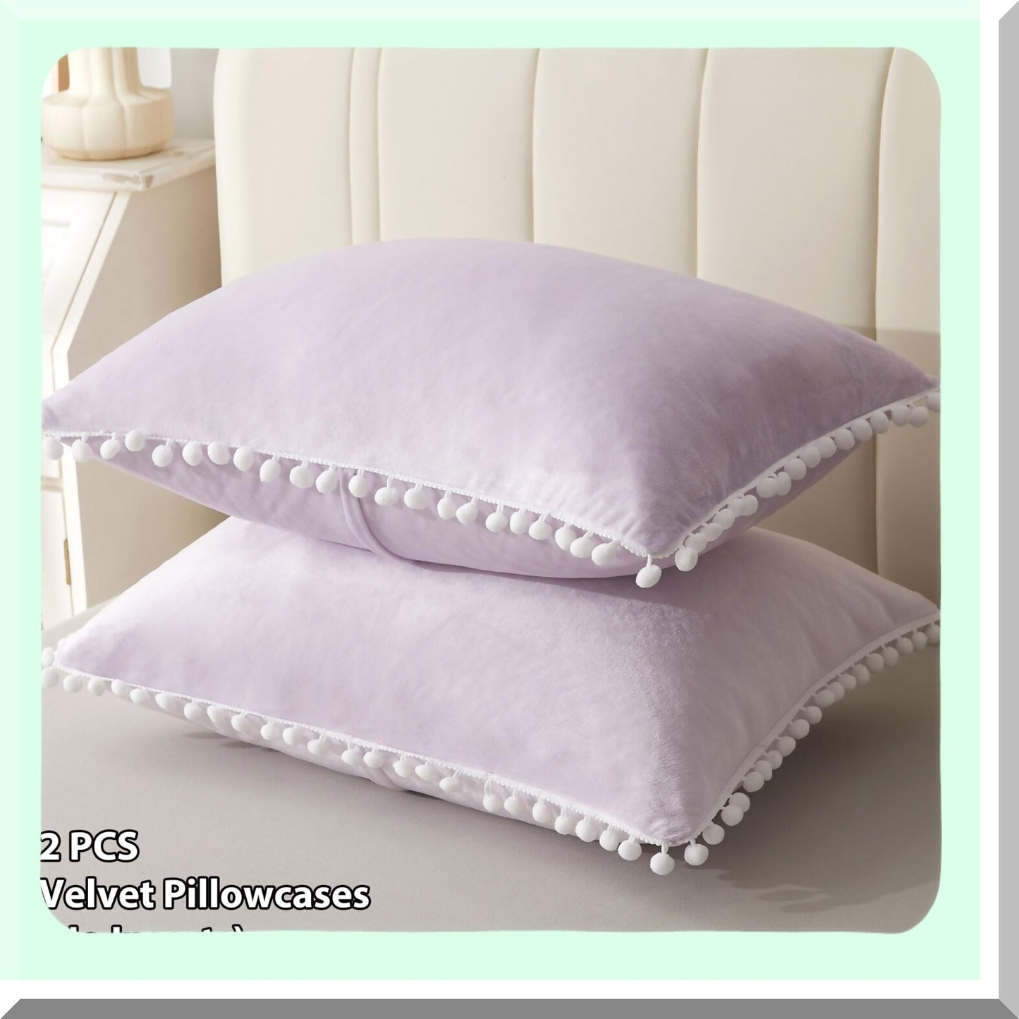 Lavender Velvet Fringe Pillowcase Set - Soft Pom Pom Decorative Throw Shams for Girls, Teens, Women - Zippered Bed Pillow Covers - Standard Size
