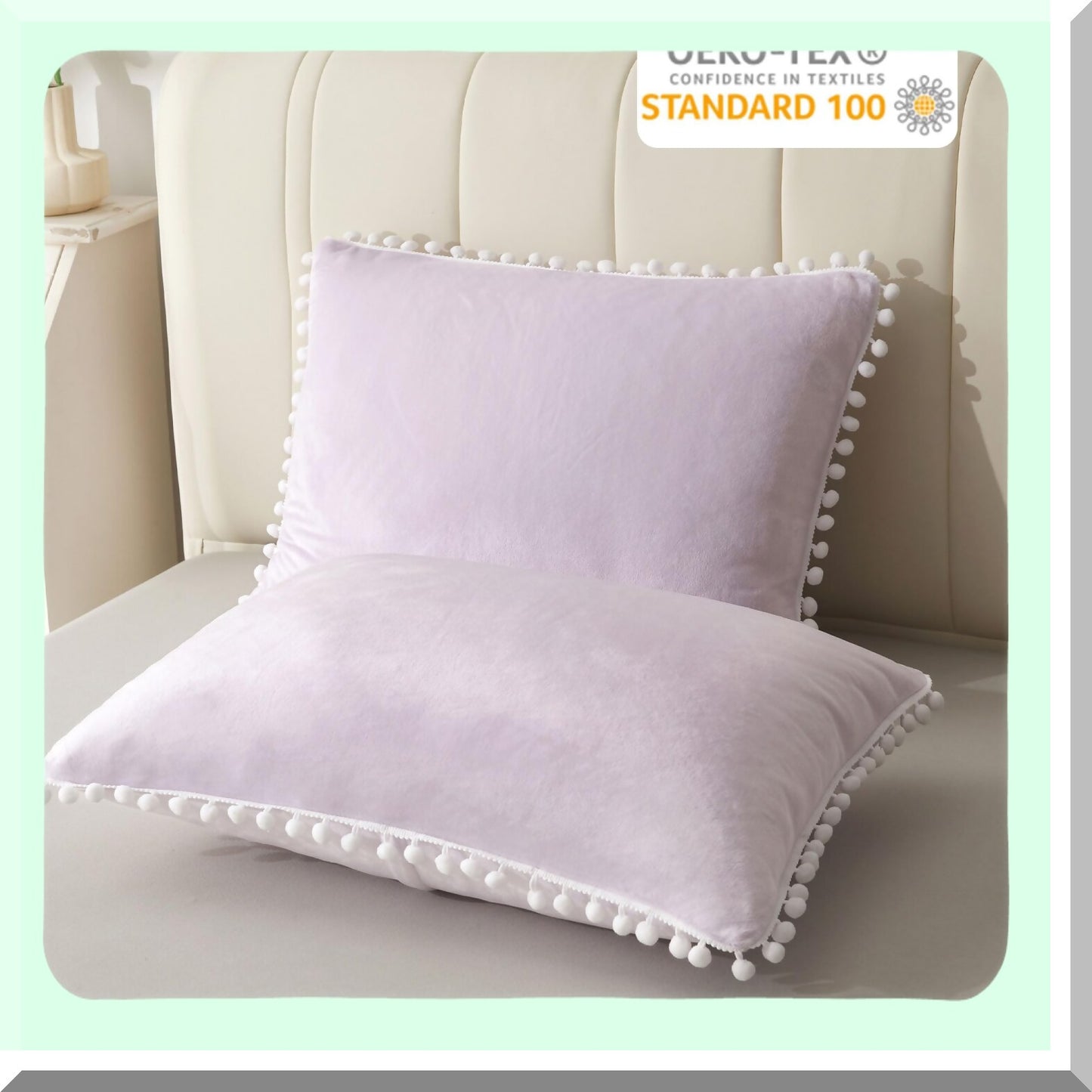 Lavender Velvet Fringe Pillowcase Set - Soft Pom Pom Decorative Throw Shams for Girls, Teens, Women - Zippered Bed Pillow Covers - Standard Size
