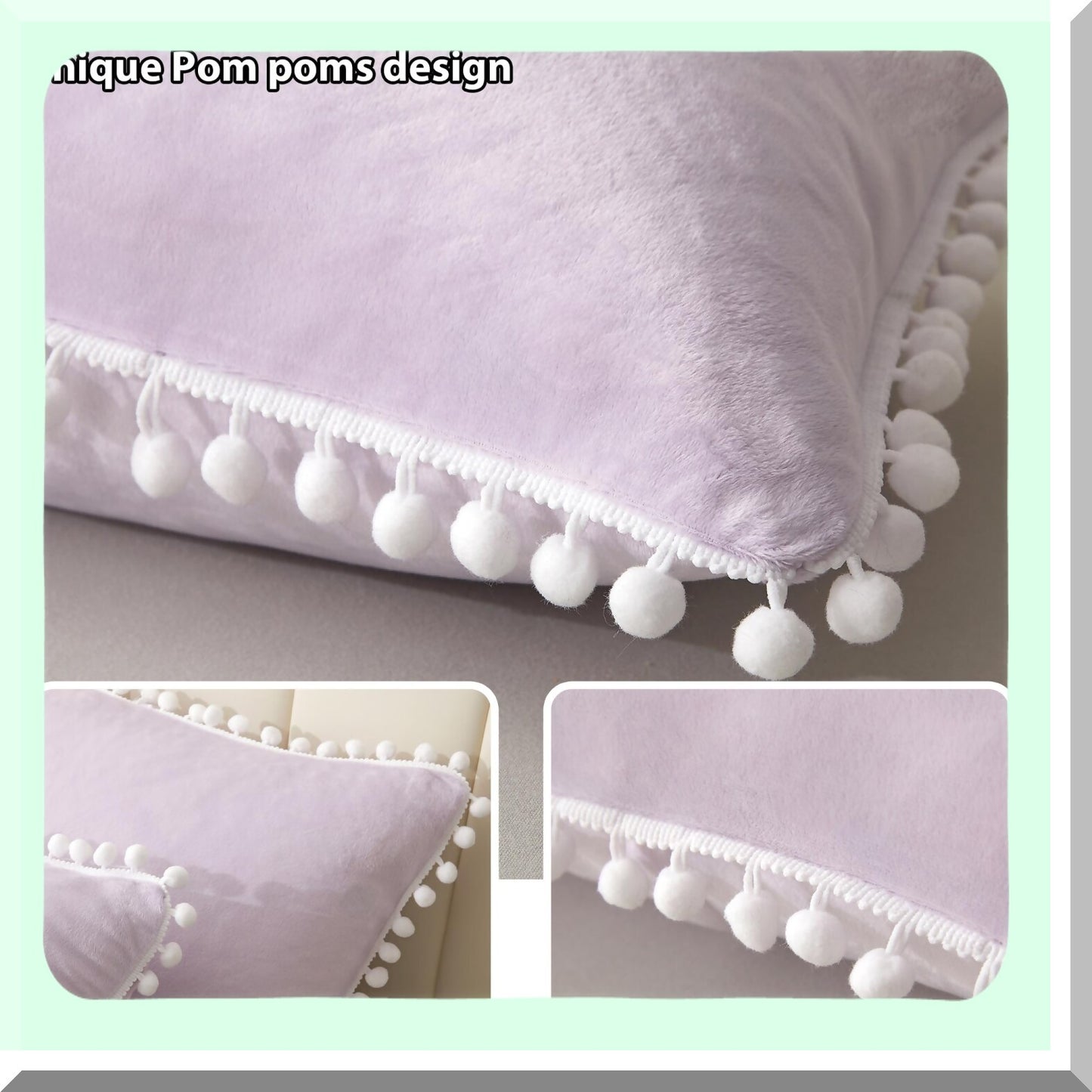 Lavender Velvet Fringe Pillowcase Set - Soft Pom Pom Decorative Throw Shams for Girls, Teens, Women - Zippered Bed Pillow Covers - Standard Size