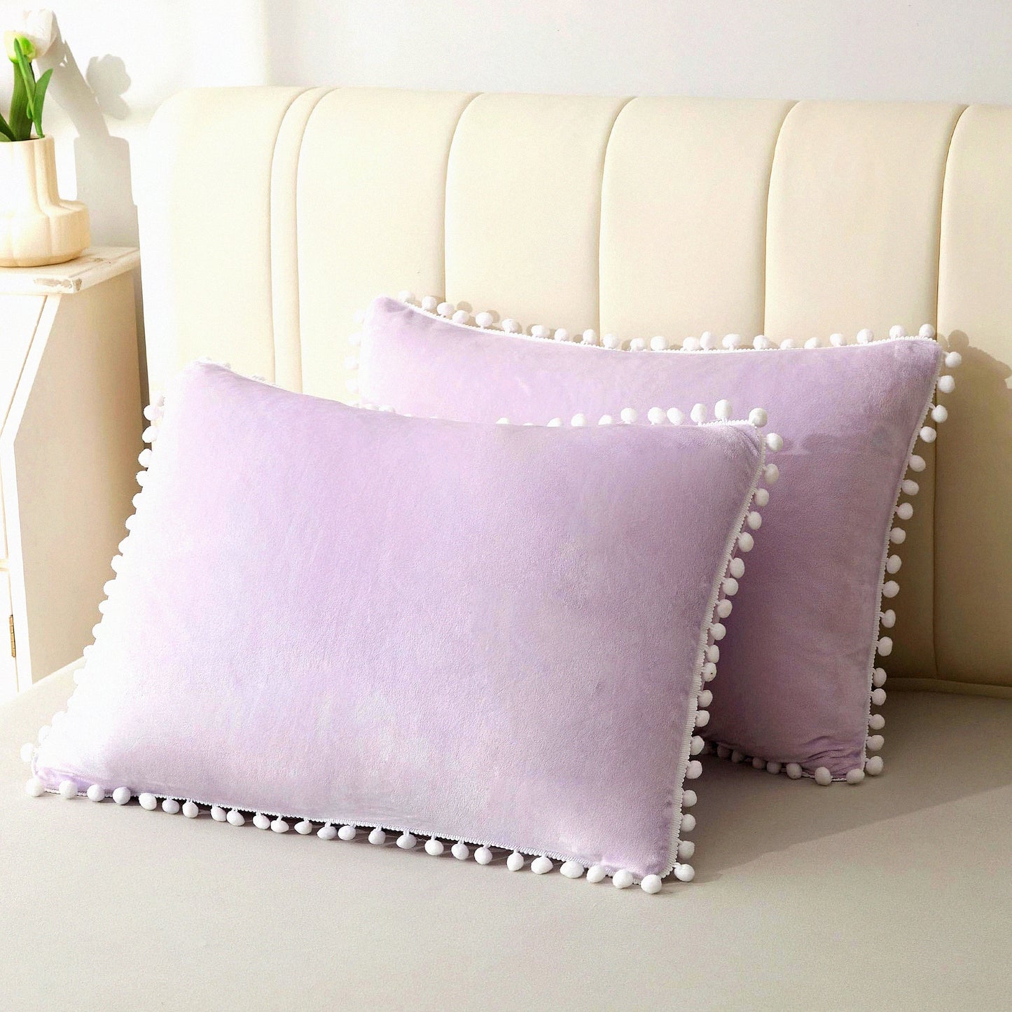 Lavender Velvet Fringe Pillowcase Set - Soft Pom Pom Decorative Throw Shams for Girls, Teens, Women - Zippered Bed Pillow Covers - Standard Size