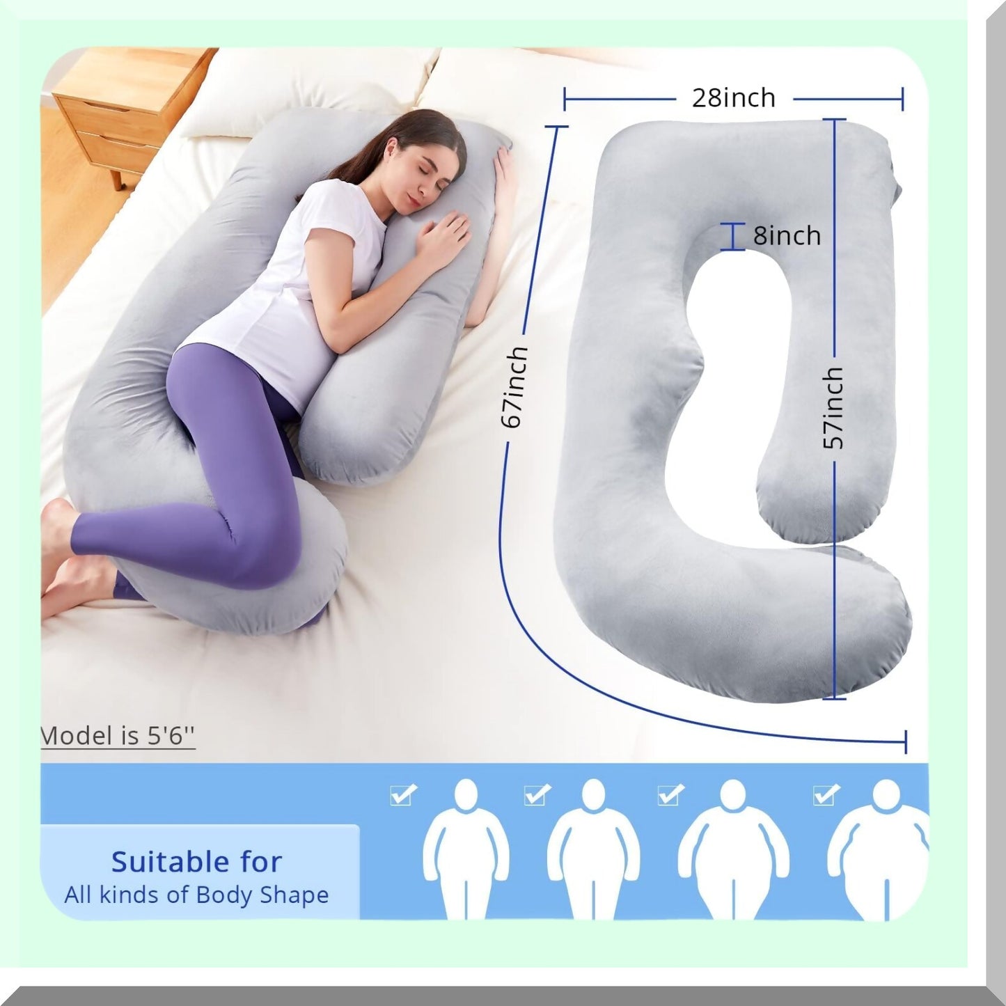 Ultimate Comfort Pregnancy Pillow - U Shaped Body Pillow for Side Sleepers, Maternity Must-Have for Pregnant Women, 59'' Full Support Pillow with Removable Velvet Cover in Grey