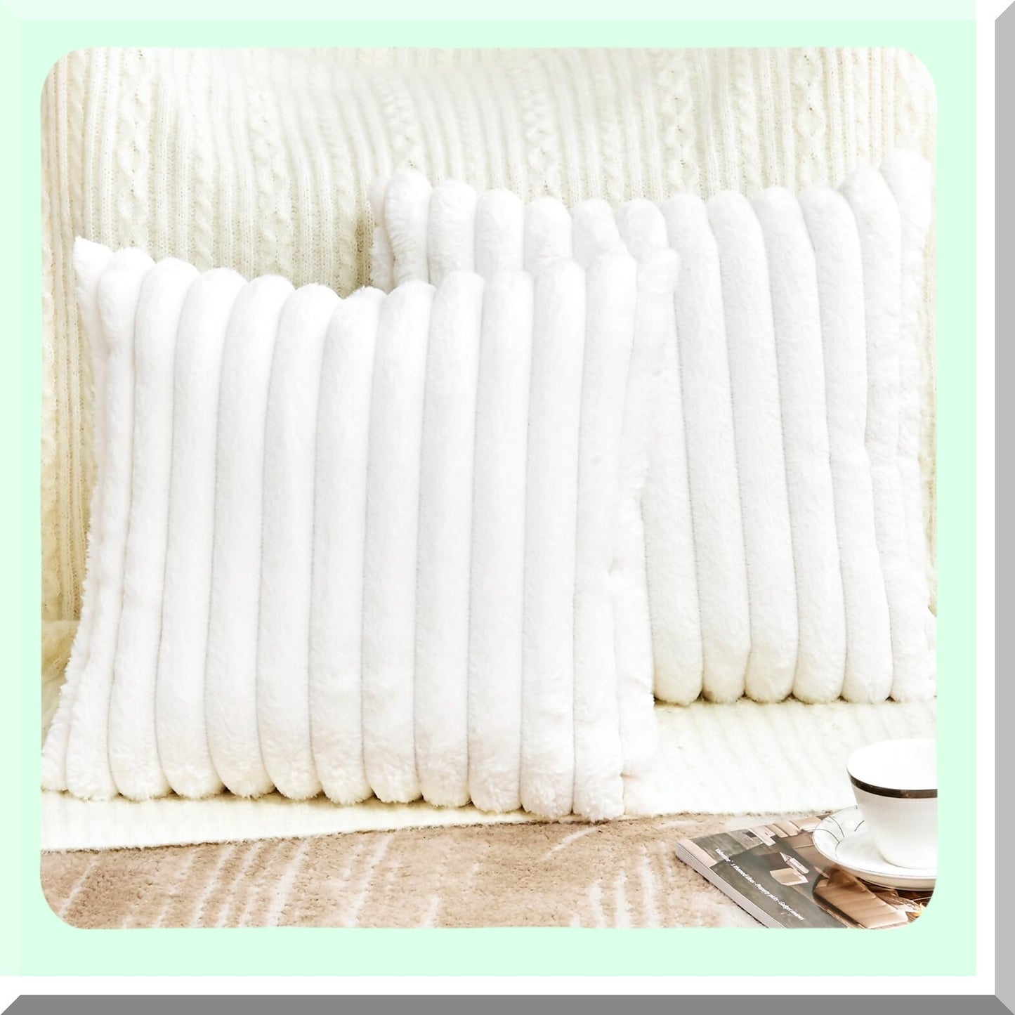 CozyStripe Pillowcase Set - Soft Cream White 18x18 Inch Decorative Throw Pillow Covers for Couch Sofa Bed Living Room - Boho Accent Fuzzy Home Decor - Fluffy Cute Stripe Design