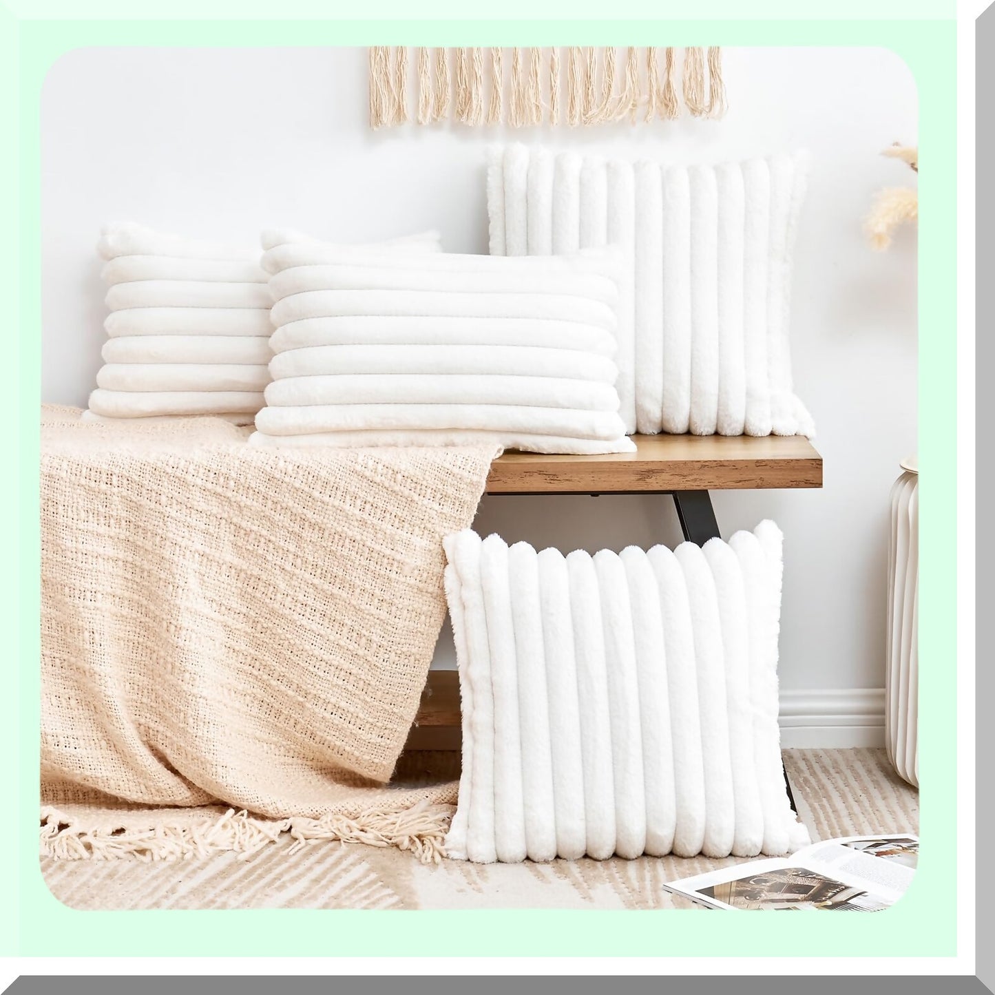 CozyStripe Pillowcase Set - Soft Cream White 18x18 Inch Decorative Throw Pillow Covers for Couch Sofa Bed Living Room - Boho Accent Fuzzy Home Decor - Fluffy Cute Stripe Design