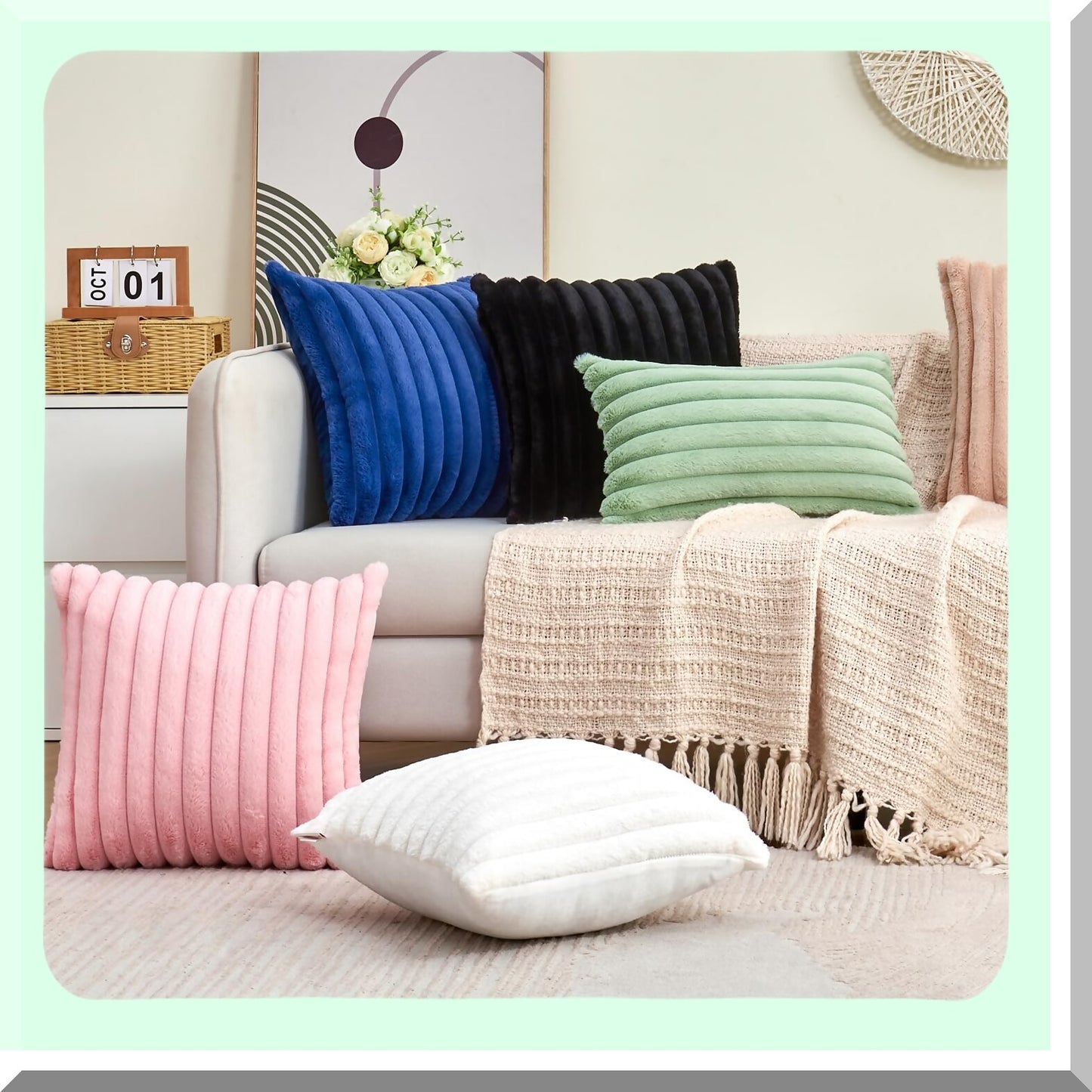 CozyStripe Pillowcase Set - Soft Cream White 18x18 Inch Decorative Throw Pillow Covers for Couch Sofa Bed Living Room - Boho Accent Fuzzy Home Decor - Fluffy Cute Stripe Design